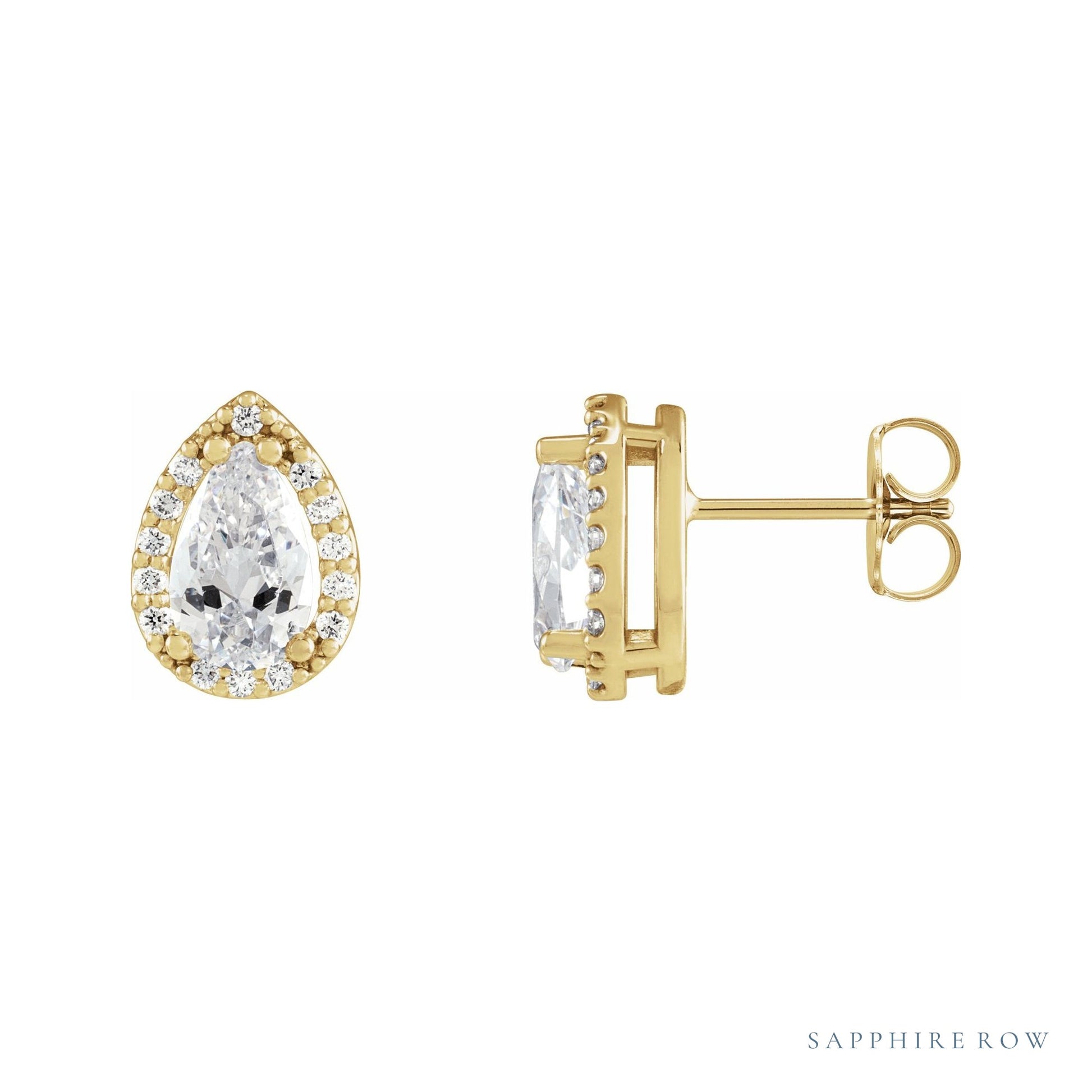 Sapphire Row Lab-Grown Gemstone Pear Halo Stud Earrings - Moissanite, 14K Yellow Gold, 3 mm