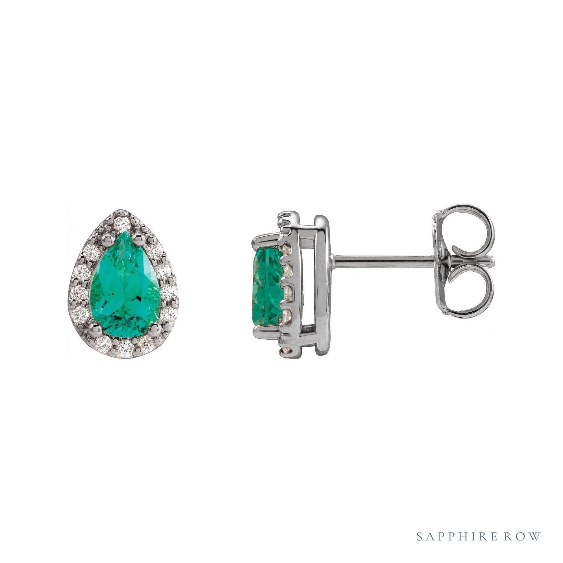 Sapphire Row Lab-Grown Gemstone Pear Halo Stud Earrings - Emerald, Platinum, 3 mm