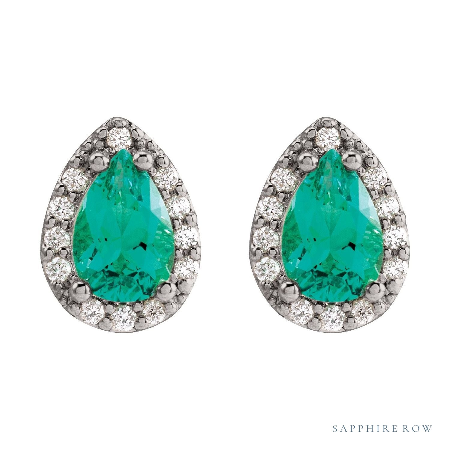 Sapphire Row Lab-Grown Gemstone Pear Halo Stud Earrings - Emerald, Platinum, 3 mm (view 2)