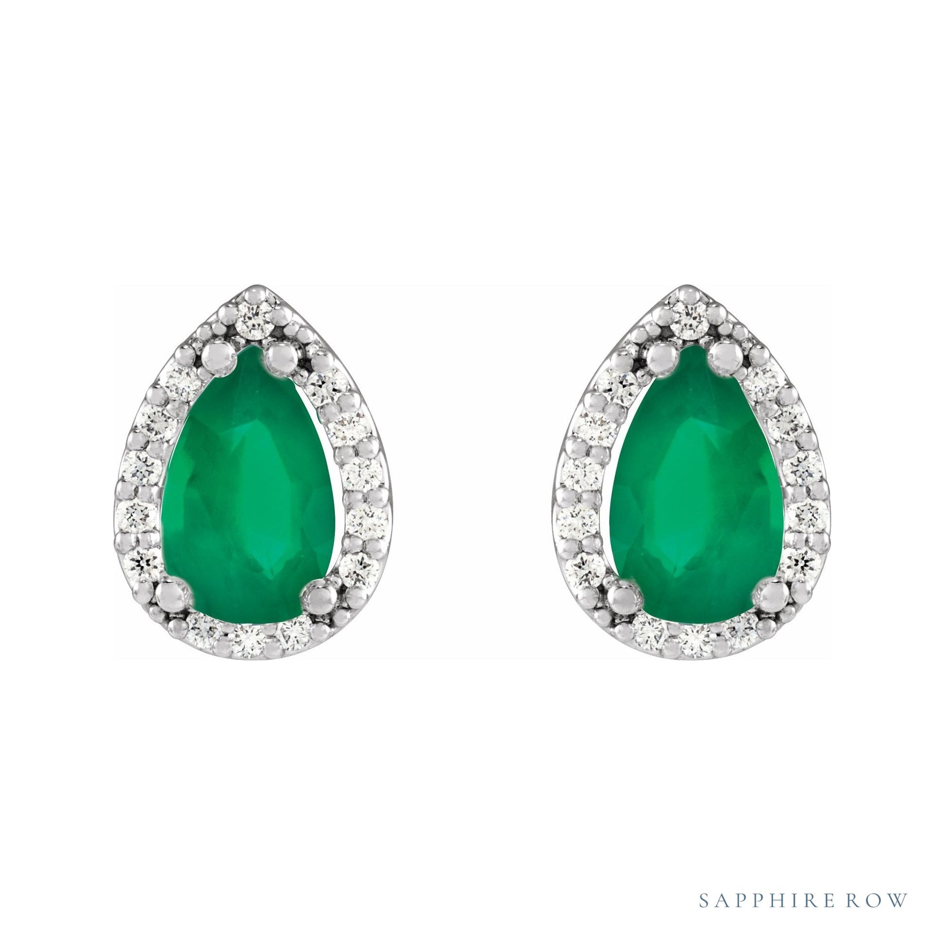 Sapphire Row Lab-Grown Gemstone Pear Halo Stud Earrings - Emerald, Platinum, 4 mm (view 2)