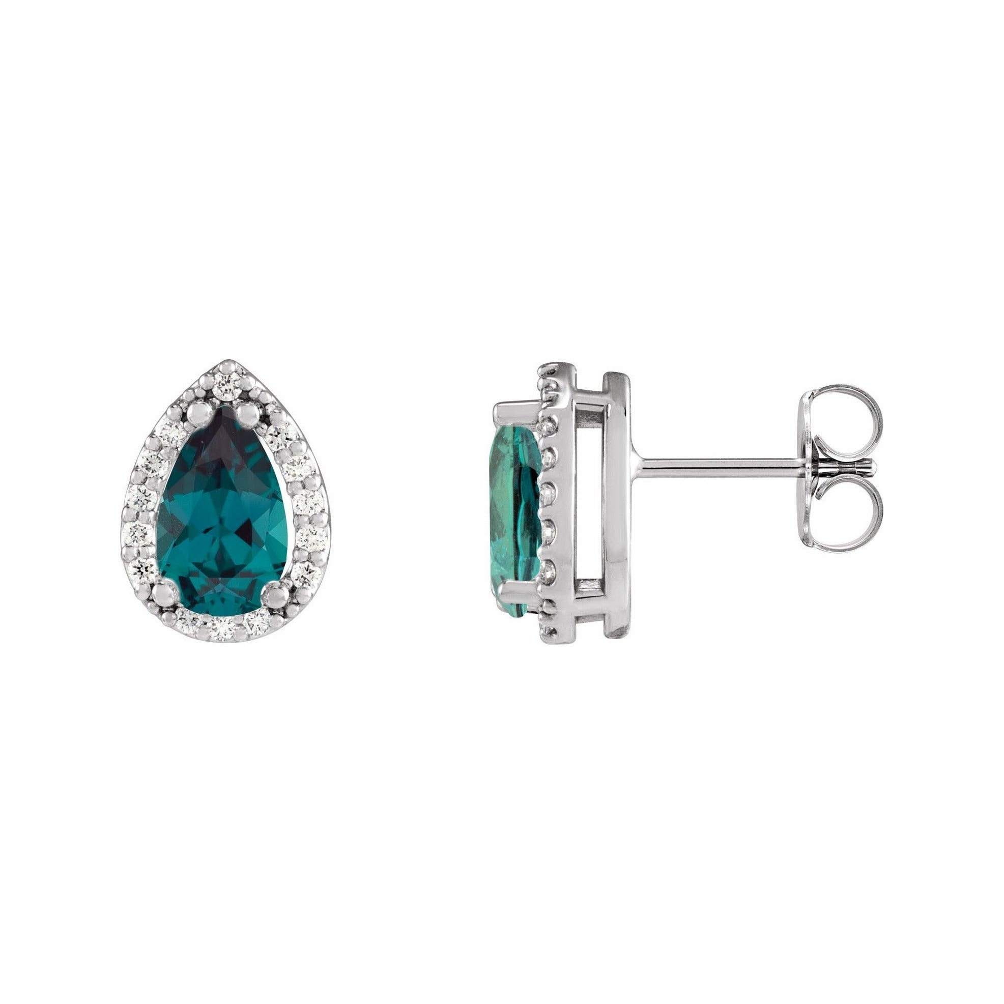 Sapphire Row Lab-Grown Gemstone Pear Halo Stud Earrings - Alexandrite, 14K White Gold