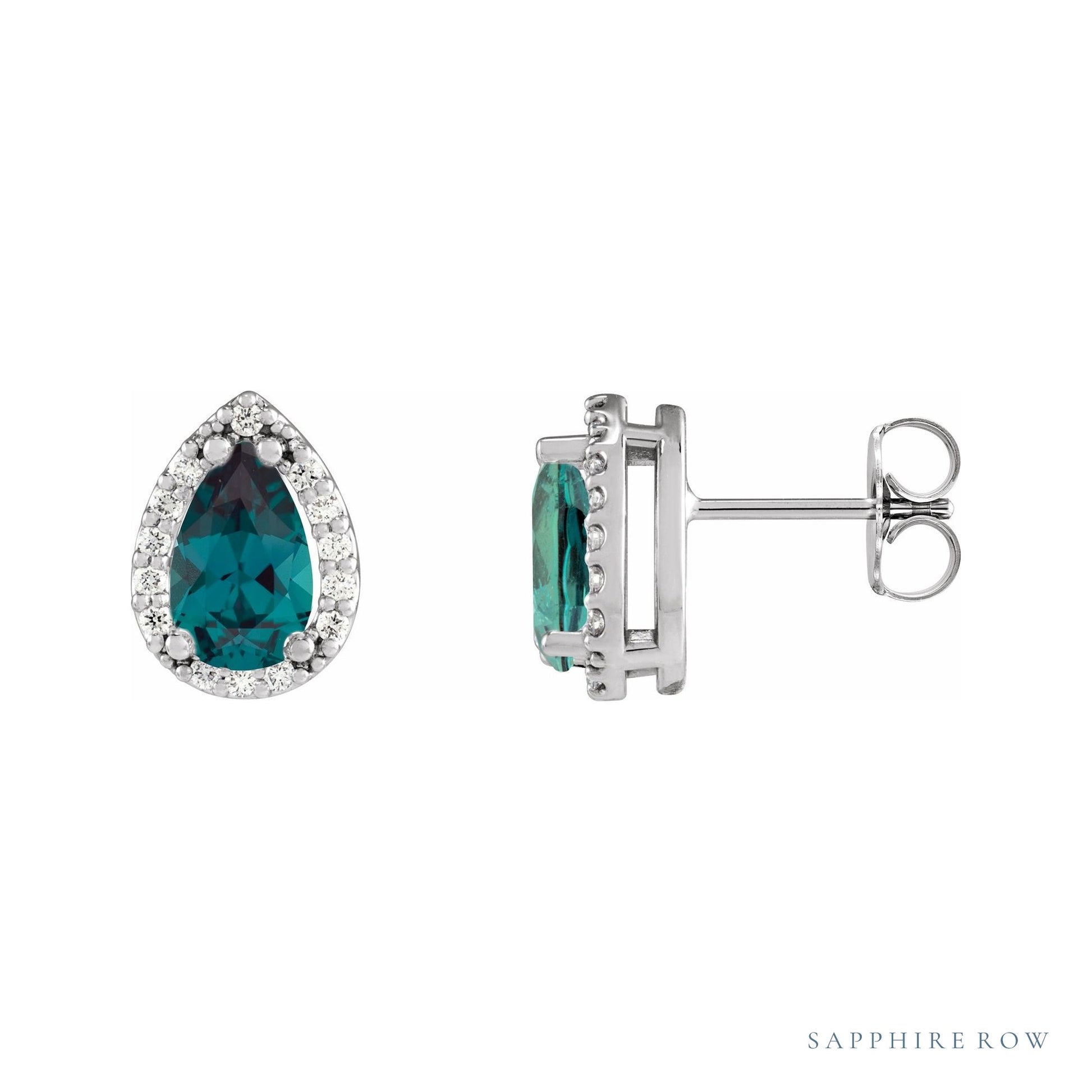 Sapphire Row Lab-Grown Gemstone Pear Halo Stud Earrings - Alexandrite, 14K White Gold