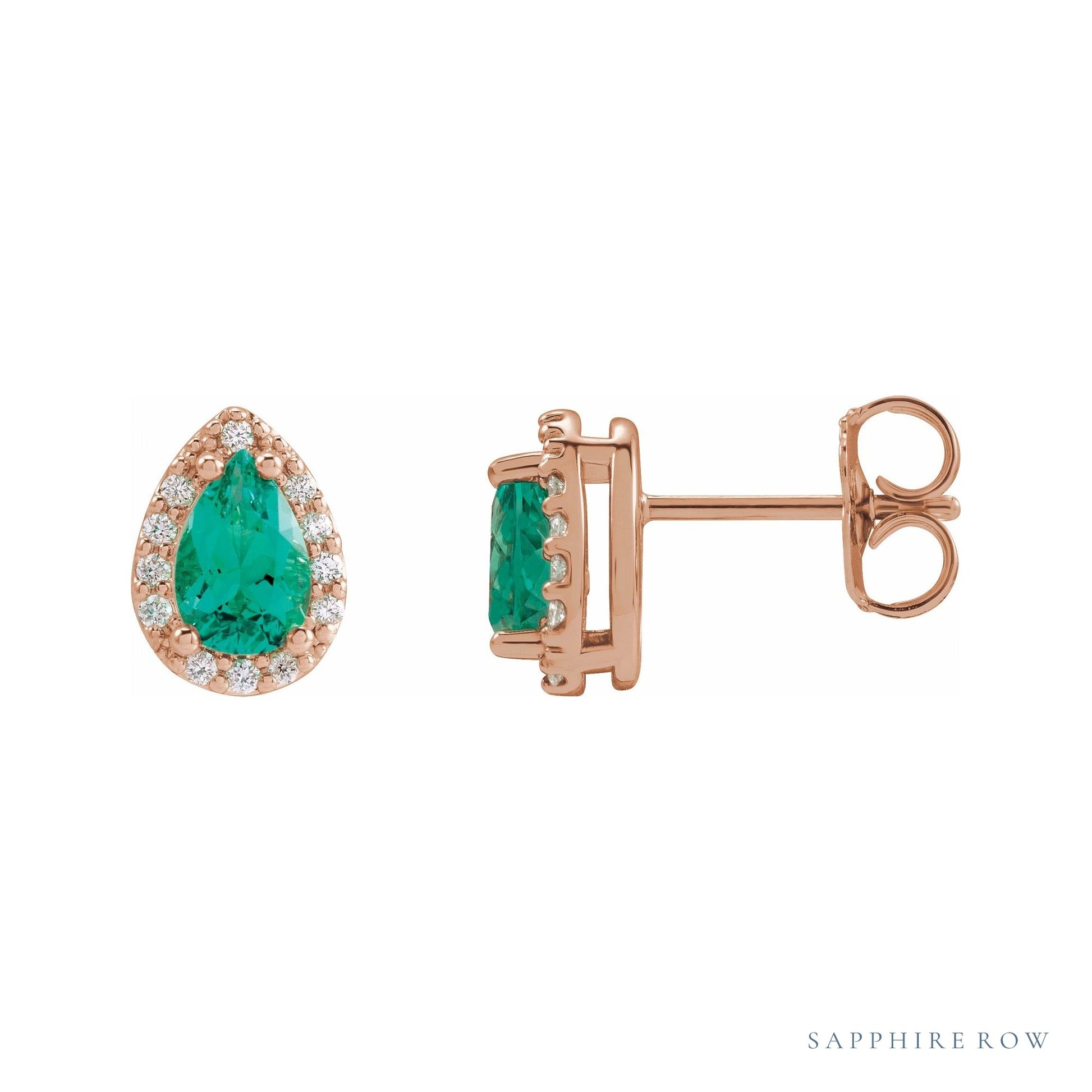 Sapphire Row Lab-Grown Gemstone Pear Halo Stud Earrings - Emerald, 14K Rose Gold, 3 mm