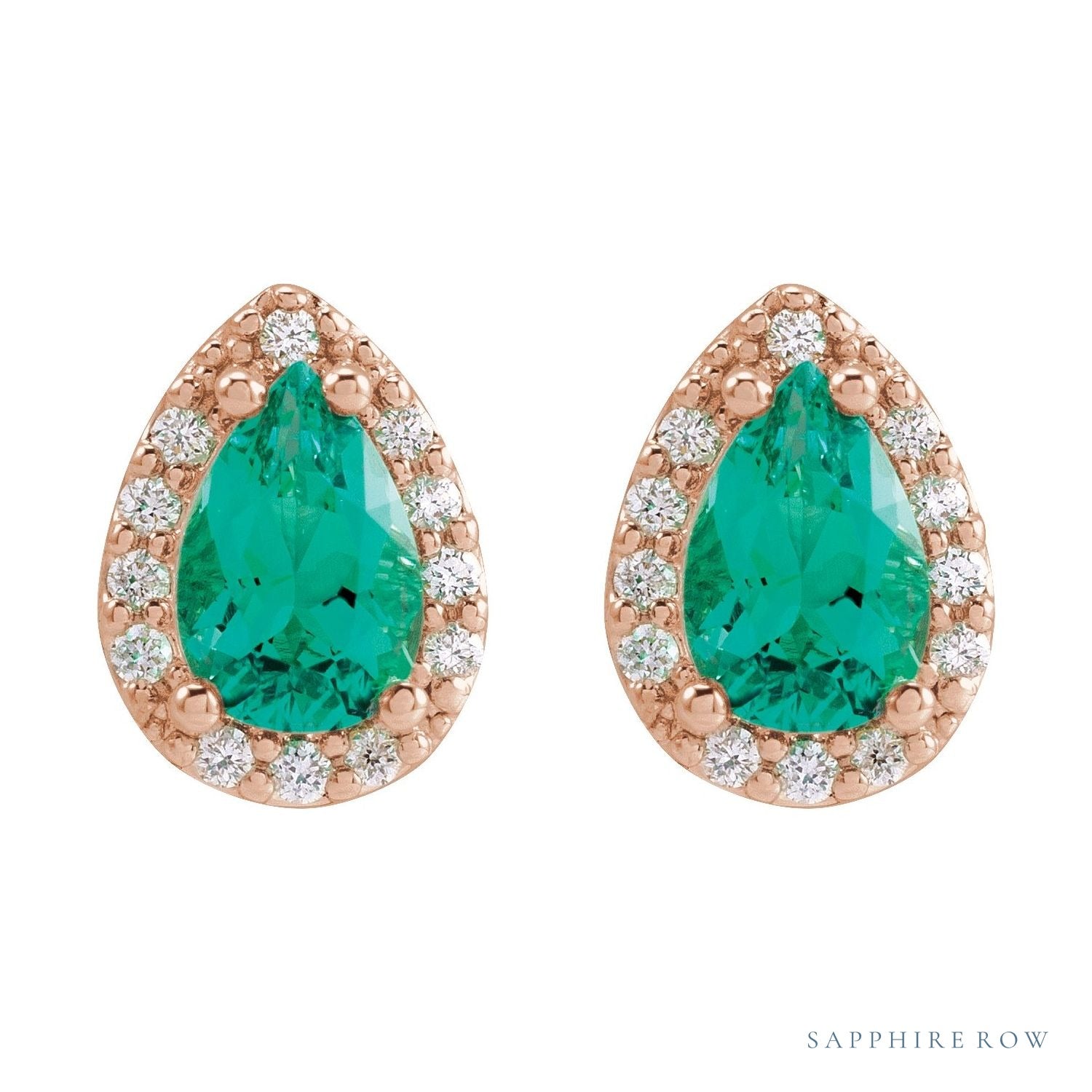 Sapphire Row Lab-Grown Gemstone Pear Halo Stud Earrings - Emerald, 14K Rose Gold, 3 mm (view 2)