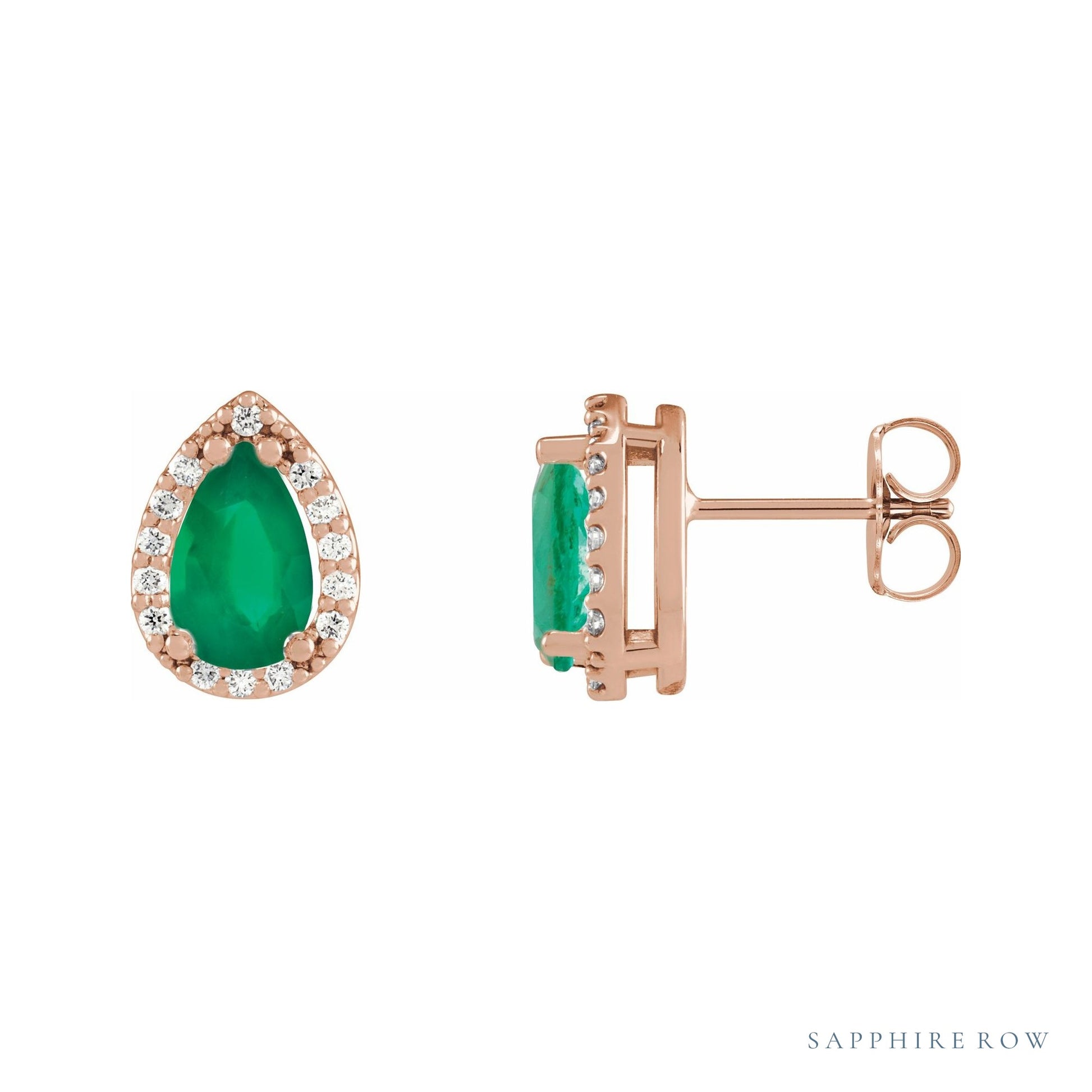 Sapphire Row Lab-Grown Gemstone Pear Halo Stud Earrings - Emerald, 14K Rose Gold, 4 mm
