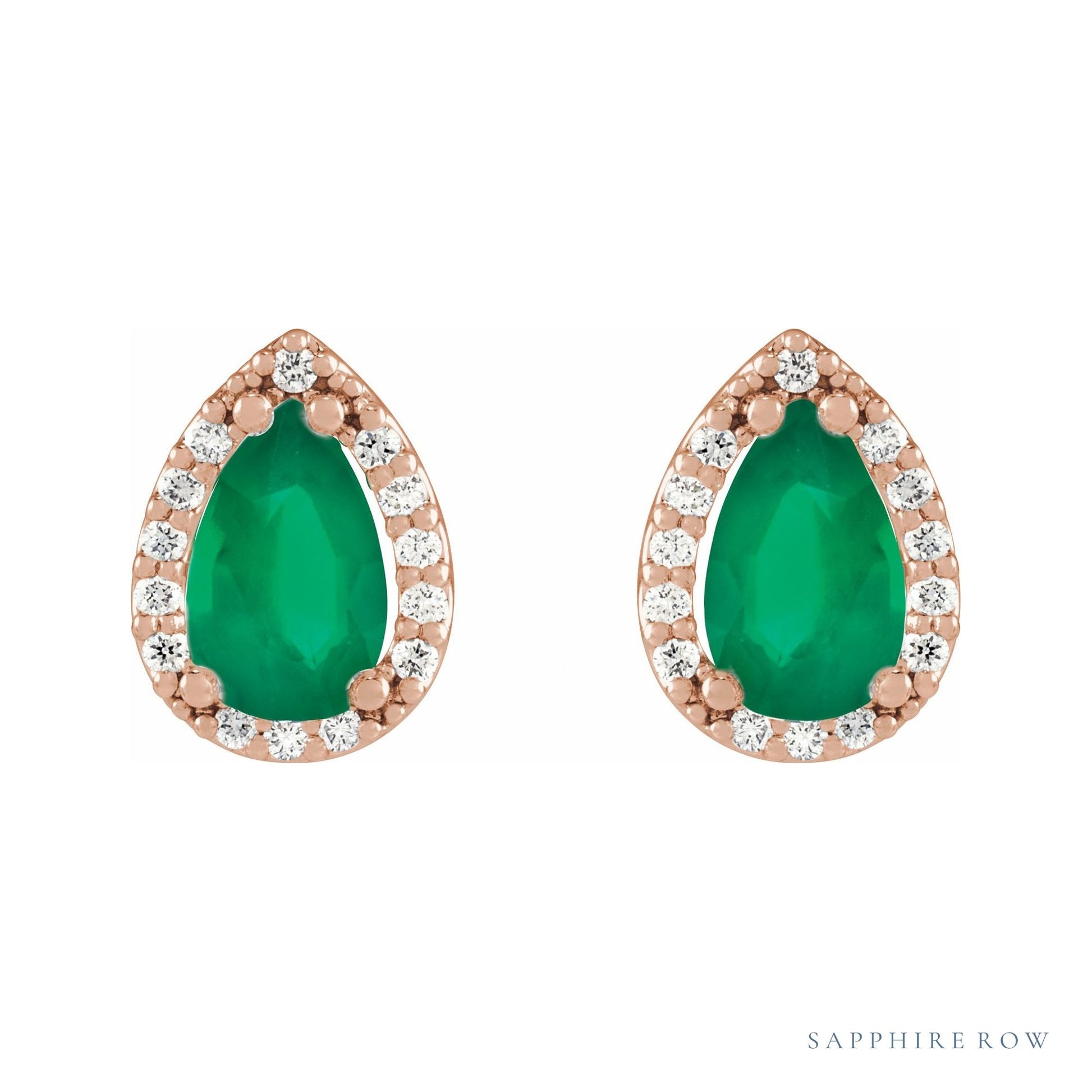 Sapphire Row Lab-Grown Gemstone Pear Halo Stud Earrings - Emerald, 14K Rose Gold, 4 mm (view 2)