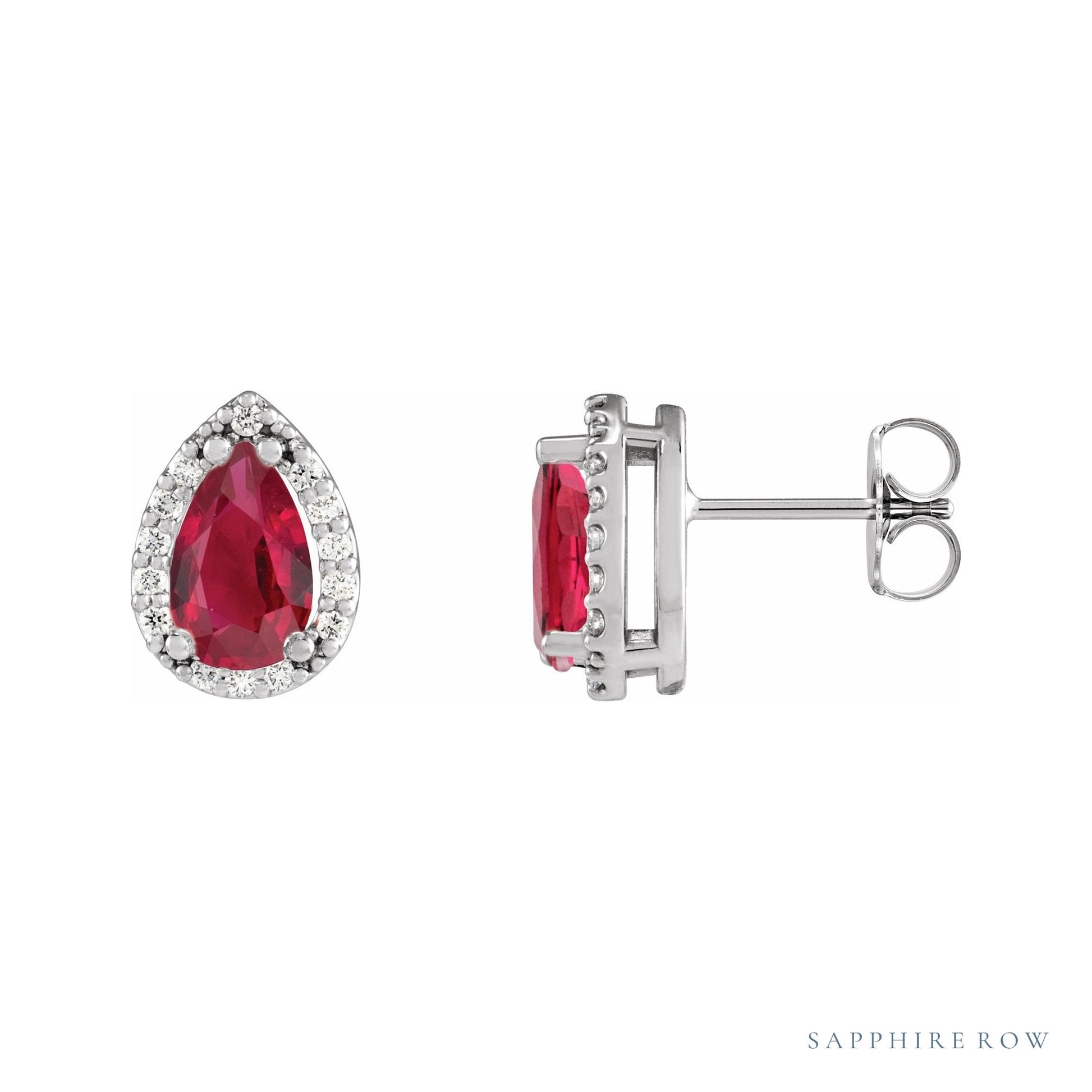 Sapphire Row Lab-Grown Gemstone Pear Halo Stud Earrings - Ruby, Platinum, 3 mm