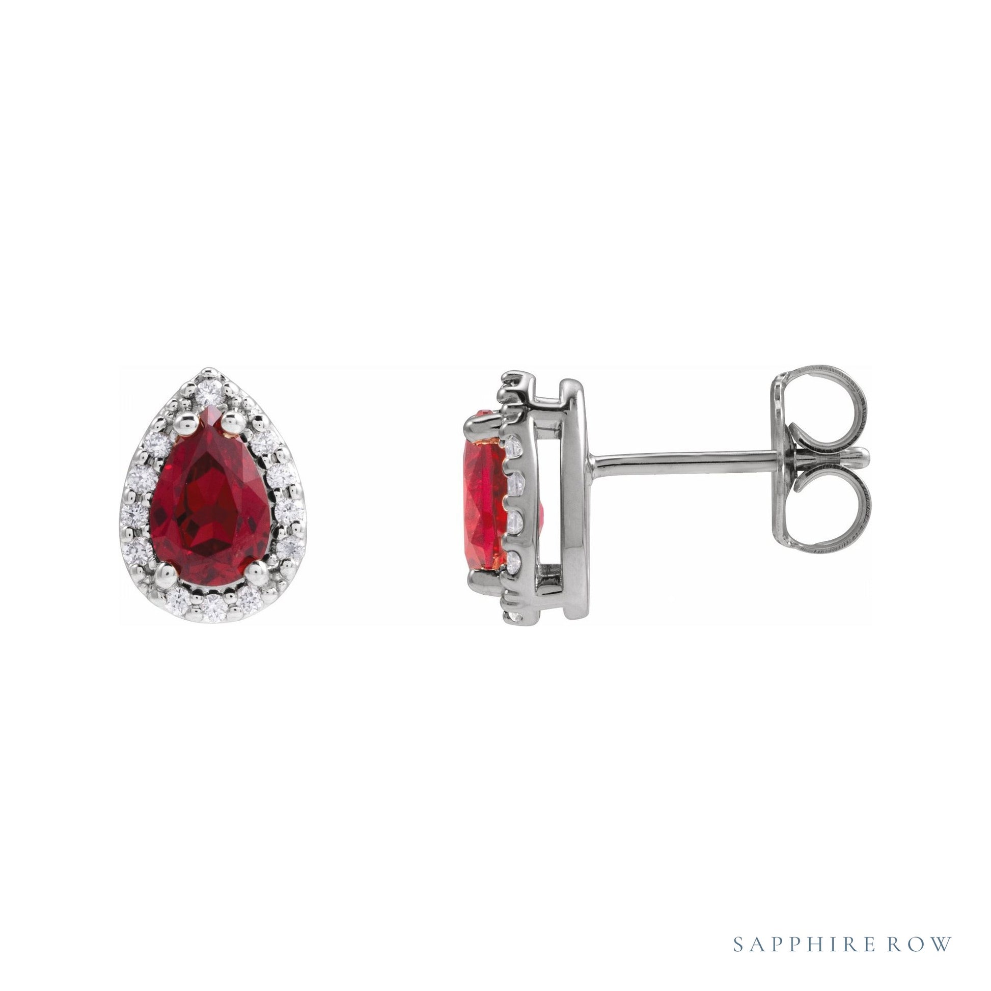 Sapphire Row Lab-Grown Gemstone Pear Halo Stud Earrings - Ruby, Platinum, 4 mm