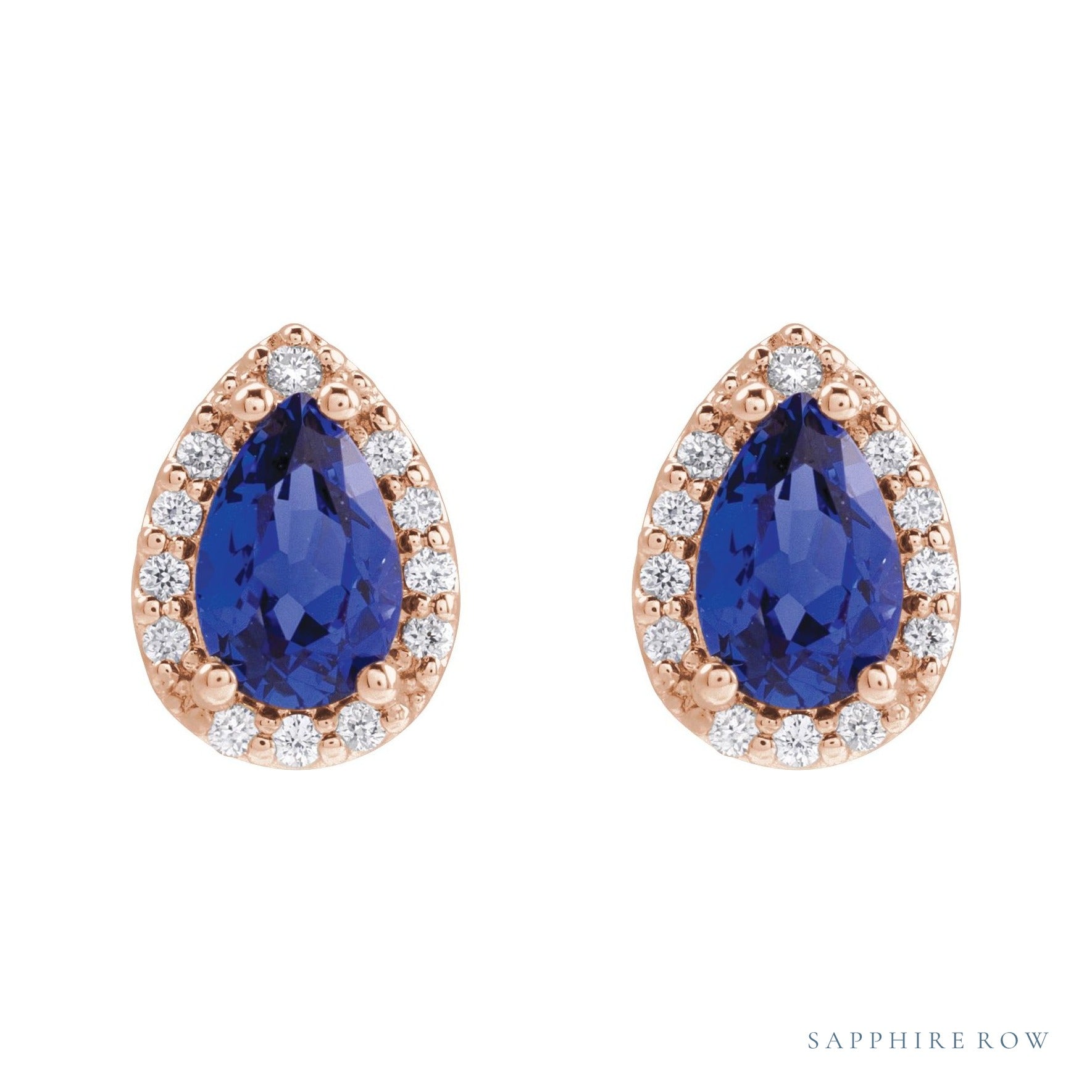 Sapphire Row Lab-Grown Gemstone Pear Halo Stud Earrings - Blue Sapphire, 14K Rose Gold, 3 mm (view 2)