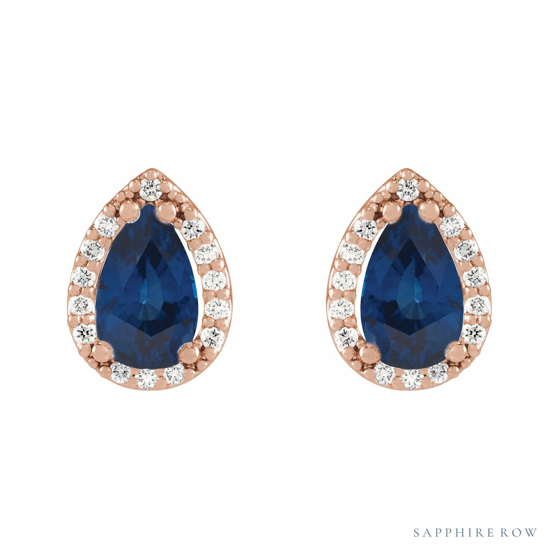 Sapphire Row Lab-Grown Gemstone Pear Halo Stud Earrings - Blue Sapphire, 14K Rose Gold, 4 mm (view 2)