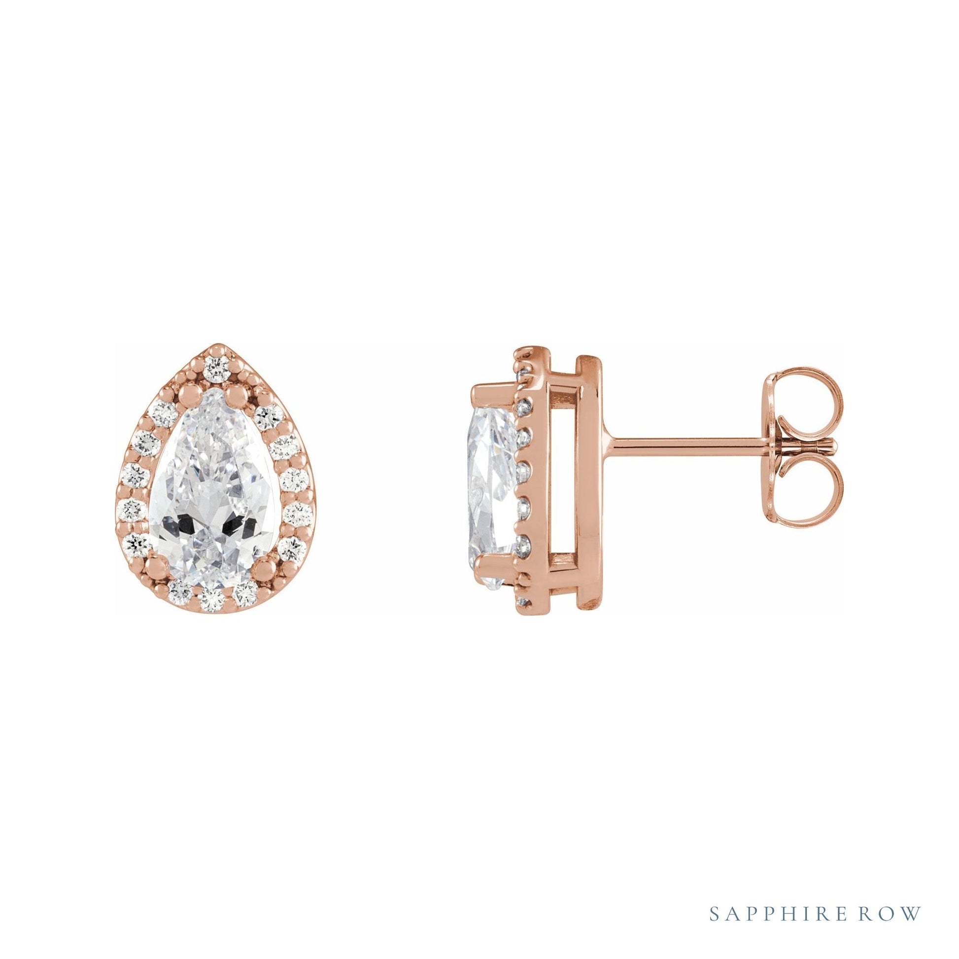 Sapphire Row Lab-Grown Gemstone Pear Halo Stud Earrings - Moissanite, 14K Rose Gold, 3 mm