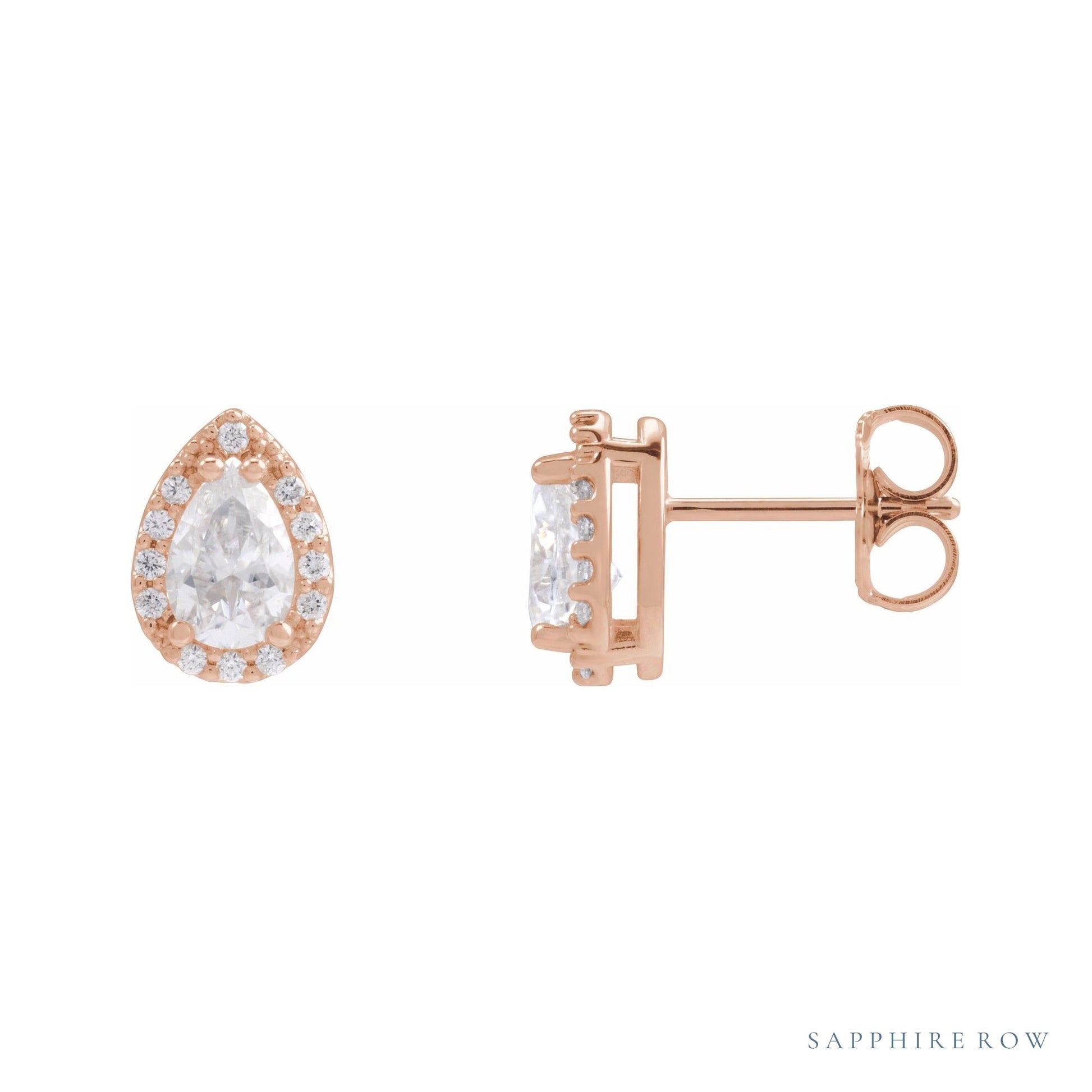 Sapphire Row Lab-Grown Gemstone Pear Halo Stud Earrings - Moissanite, 14K Rose Gold, 4 mm