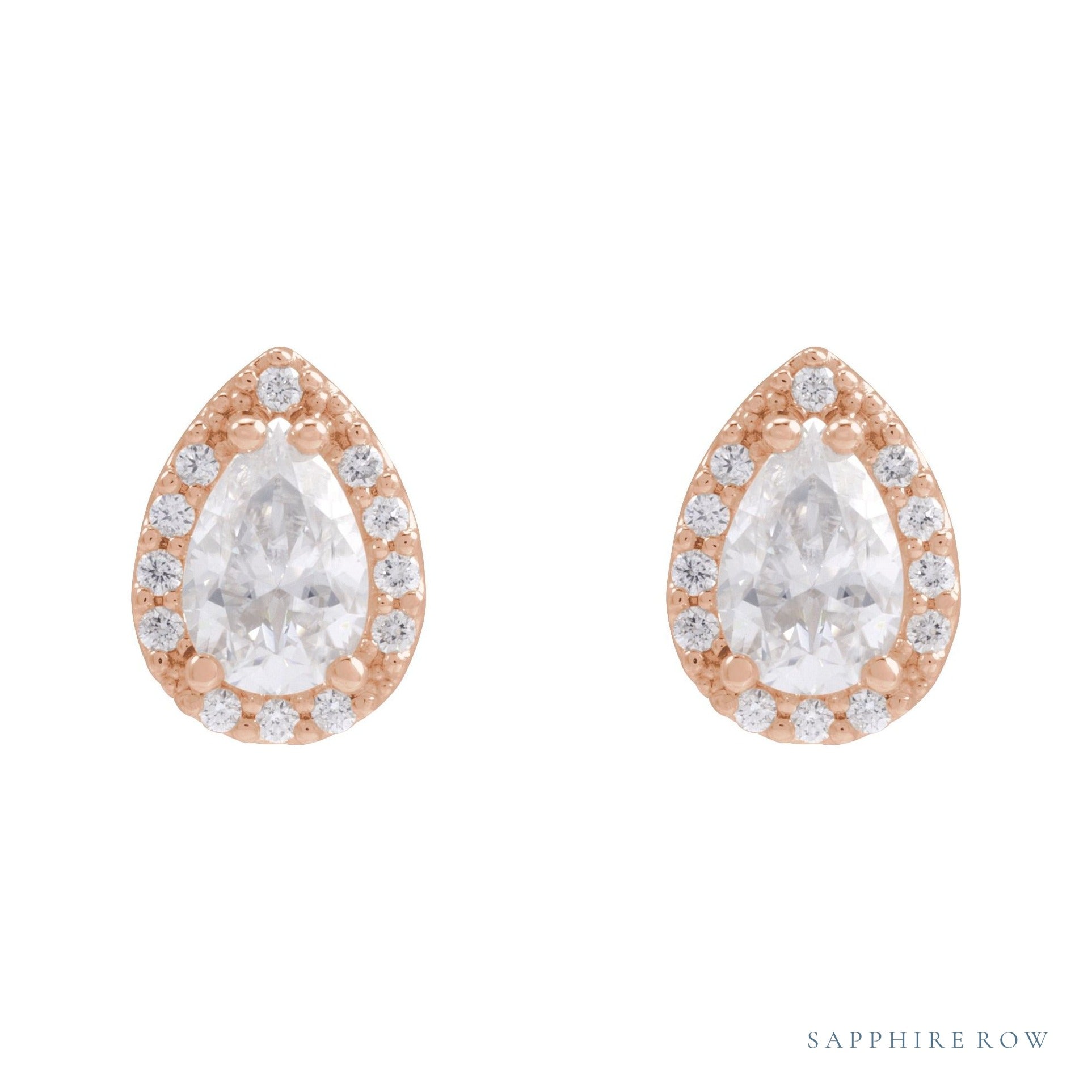 Sapphire Row Lab-Grown Gemstone Pear Halo Stud Earrings - Moissanite, 14K Rose Gold, 4 mm (view 2)