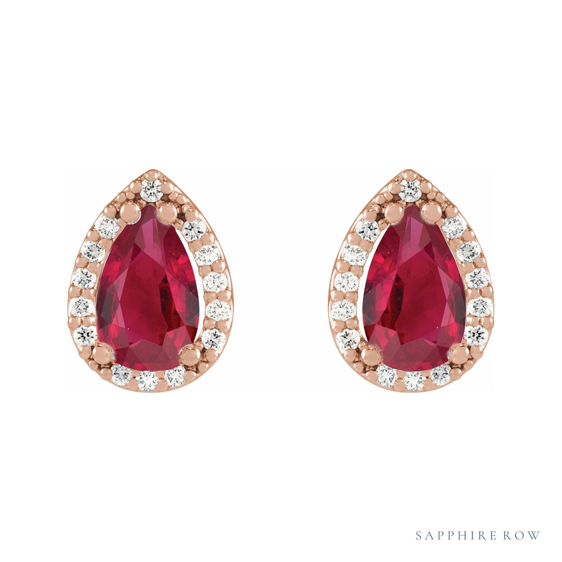 Sapphire Row Lab-Grown Gemstone Pear Halo Stud Earrings - Ruby, 14K Rose Gold, 3 mm (view 2)