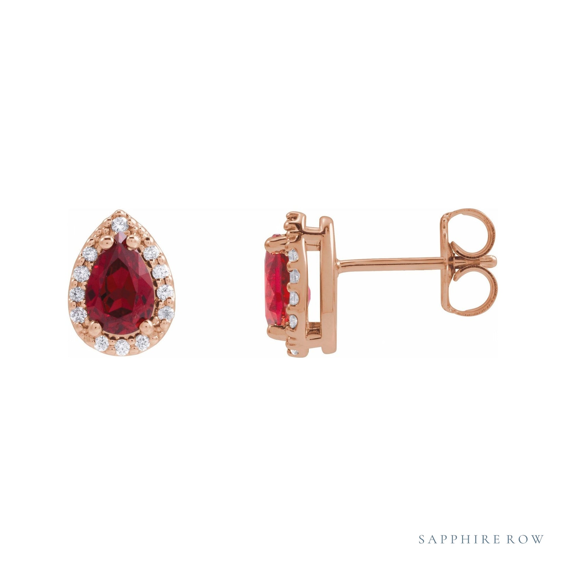 Sapphire Row Lab-Grown Gemstone Pear Halo Stud Earrings - Ruby, 14K Rose Gold, 4 mm