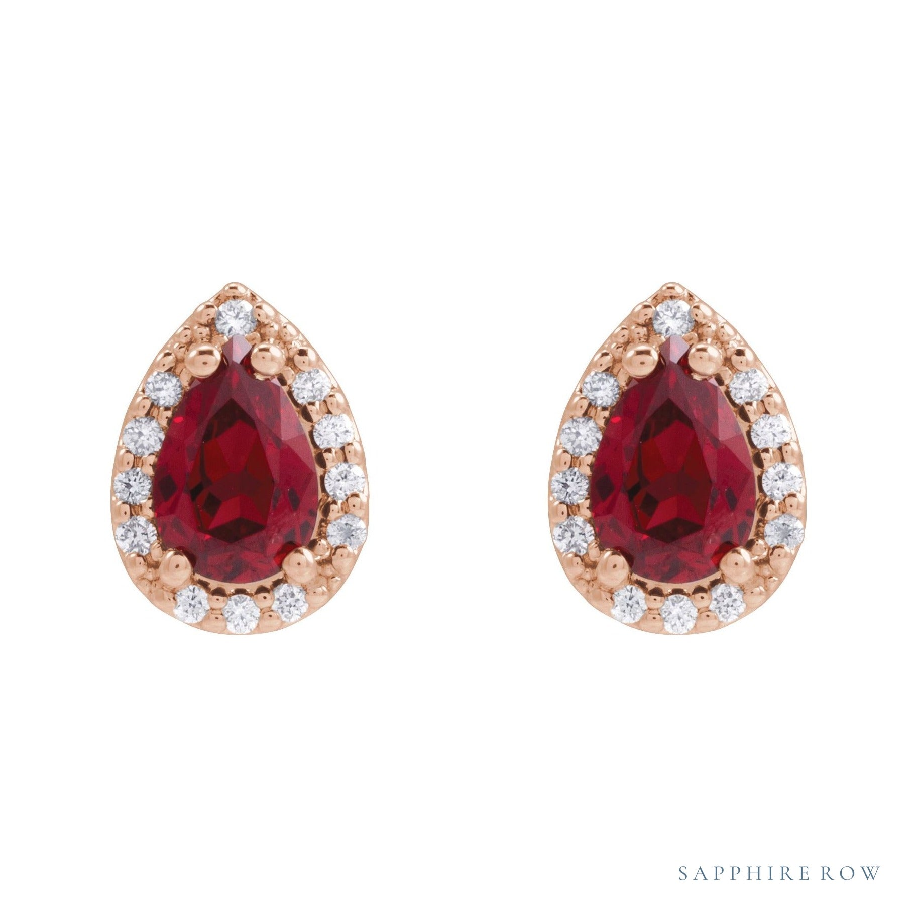 Sapphire Row Lab-Grown Gemstone Pear Halo Stud Earrings - Ruby, 14K Rose Gold, 4 mm (view 2)