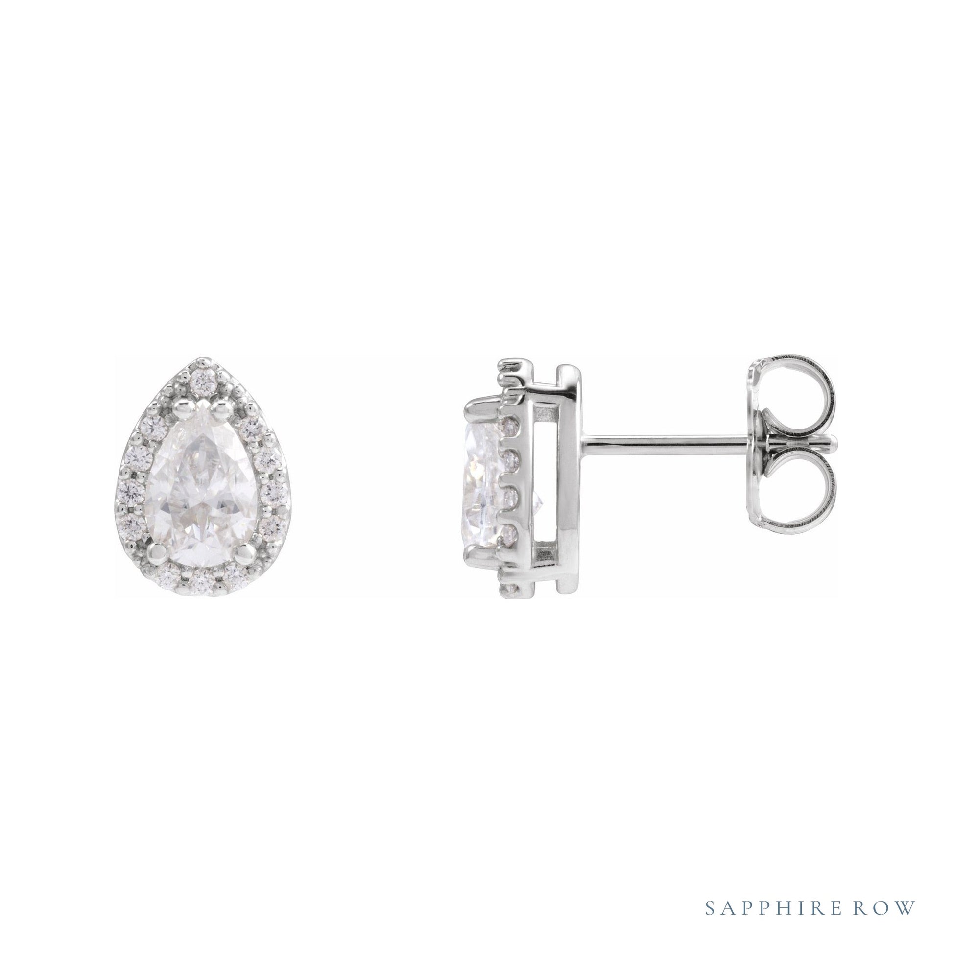 Sapphire Row Lab-Grown Gemstone Pear Halo Stud Earrings - Moissanite, Platinum, 4 mm