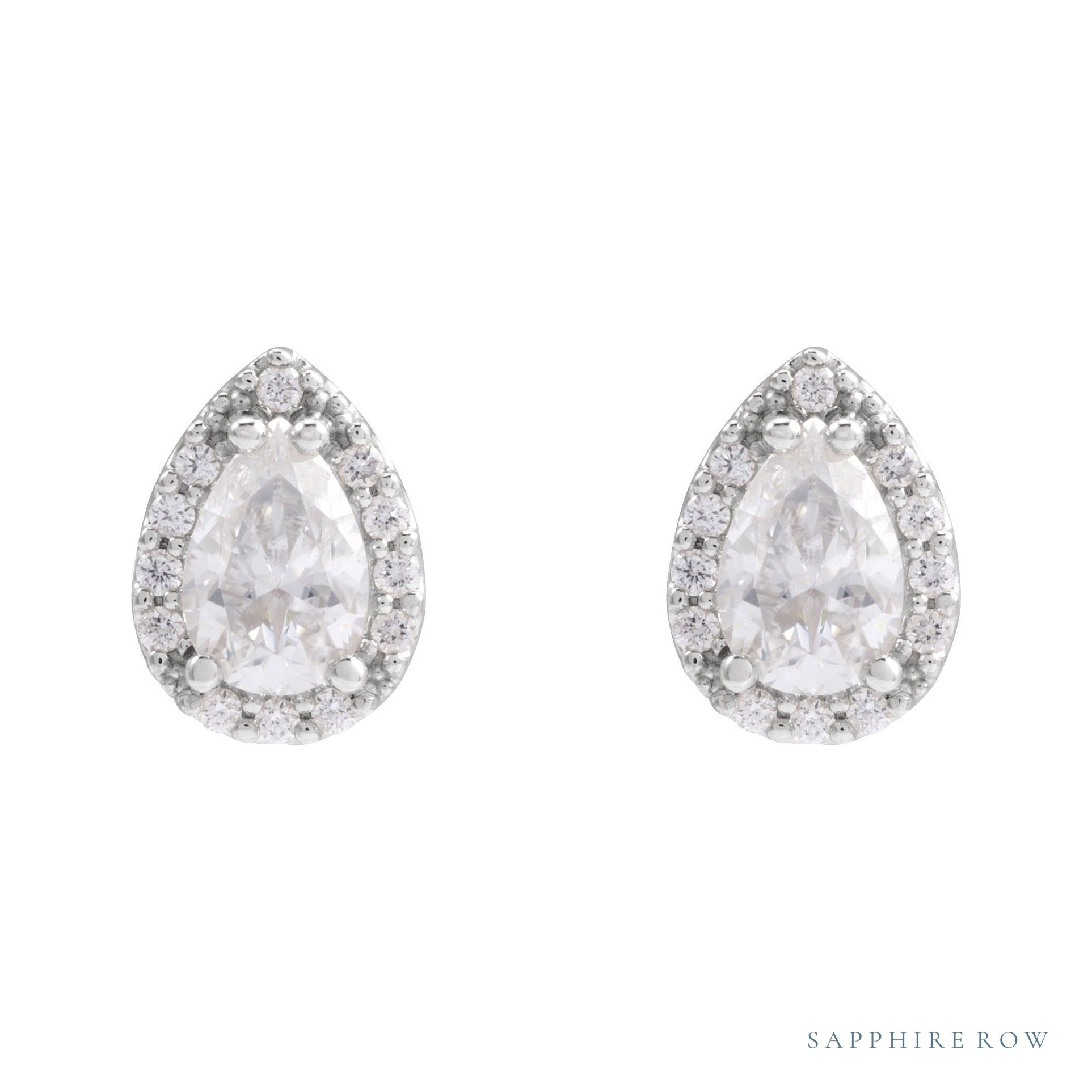Sapphire Row Lab-Grown Gemstone Pear Halo Stud Earrings - Moissanite, Platinum, 4 mm (view 2)