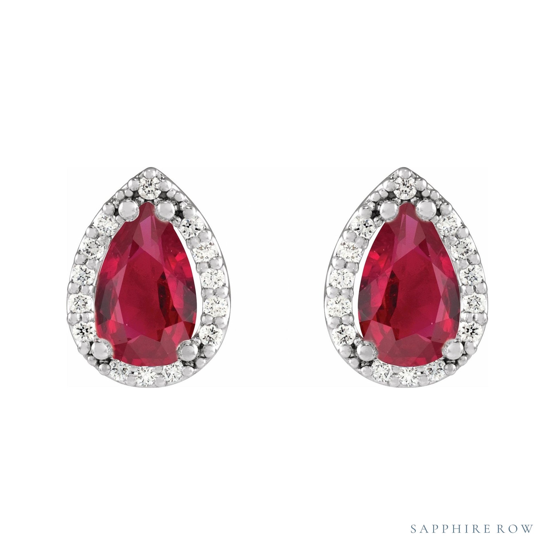 Sapphire Row Lab-Grown Gemstone Pear Halo Stud Earrings - Ruby, 14K White Gold, 3 mm (view 2)