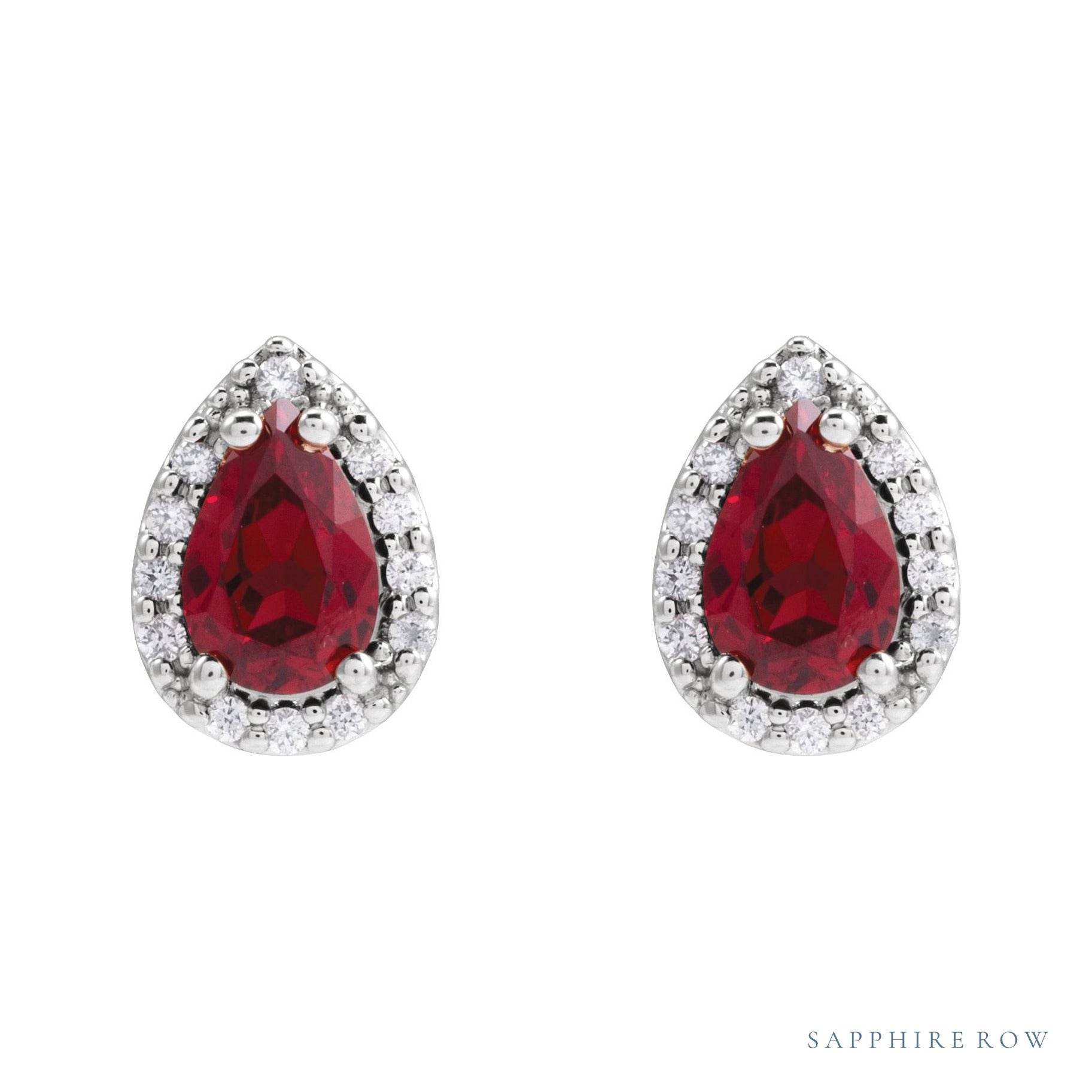 Sapphire Row Lab-Grown Gemstone Pear Halo Stud Earrings - Ruby, 14K White Gold, 4 mm (view 2)