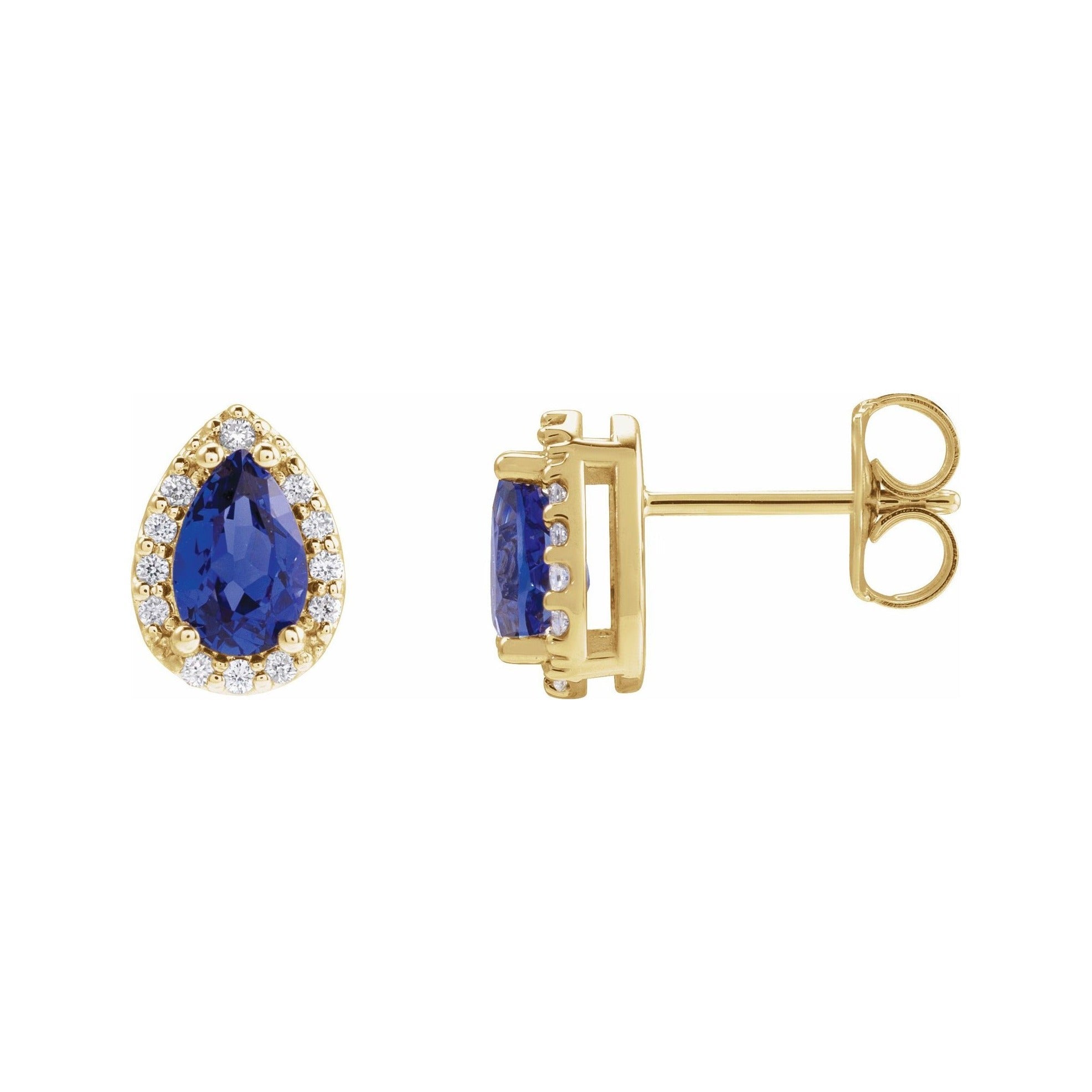 Sapphire Row Lab-Grown Gemstone Pear Halo Stud Earrings - Blue Sapphire, 14K Yellow Gold, 3 mm