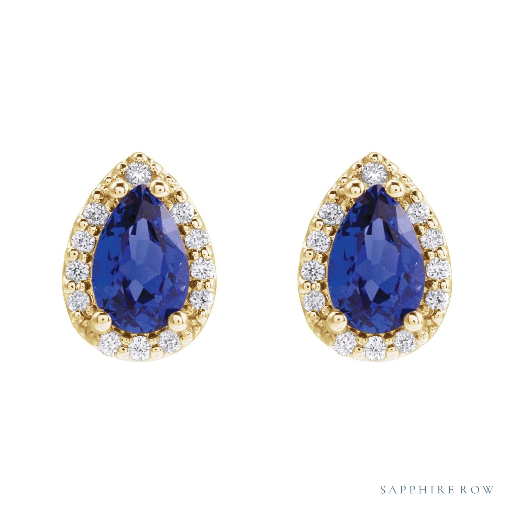 Sapphire Row Lab-Grown Gemstone Pear Halo Stud Earrings - Blue Sapphire, 14K Yellow Gold, 3 mm (view 2)