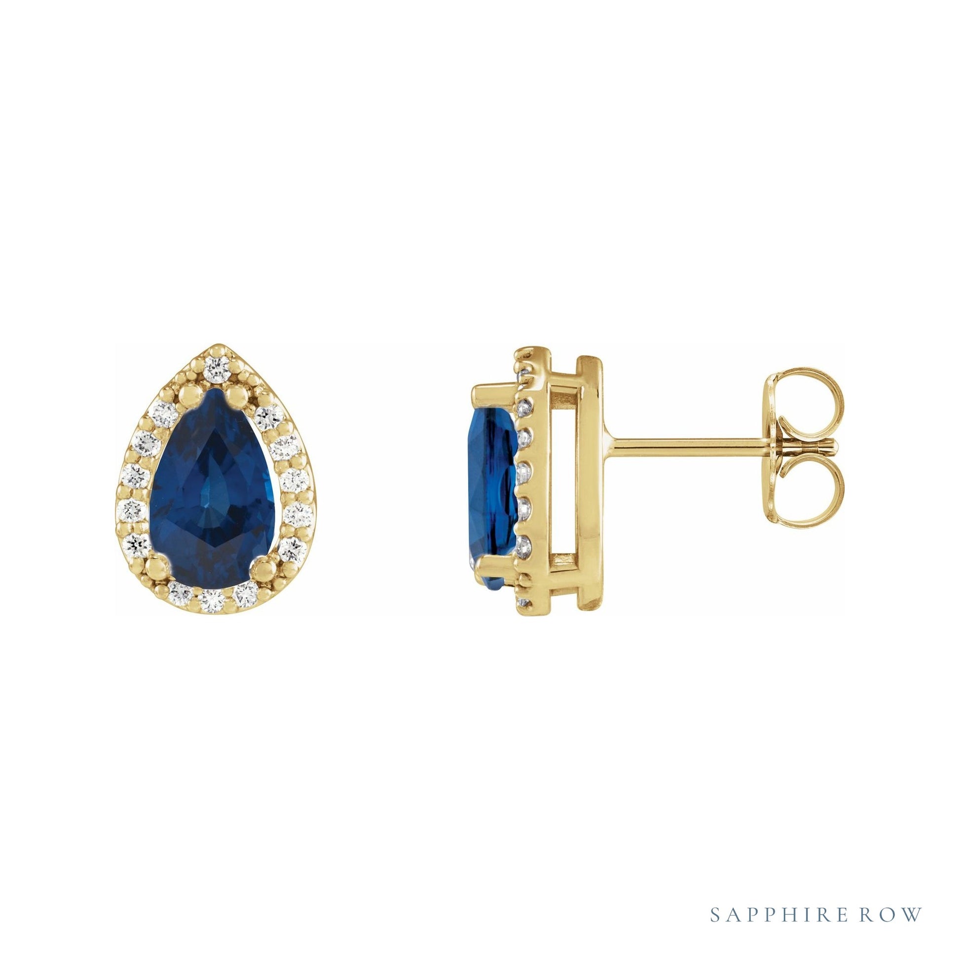 Sapphire Row Lab-Grown Gemstone Pear Halo Stud Earrings - Blue Sapphire, 14K Yellow Gold, 4 mm
