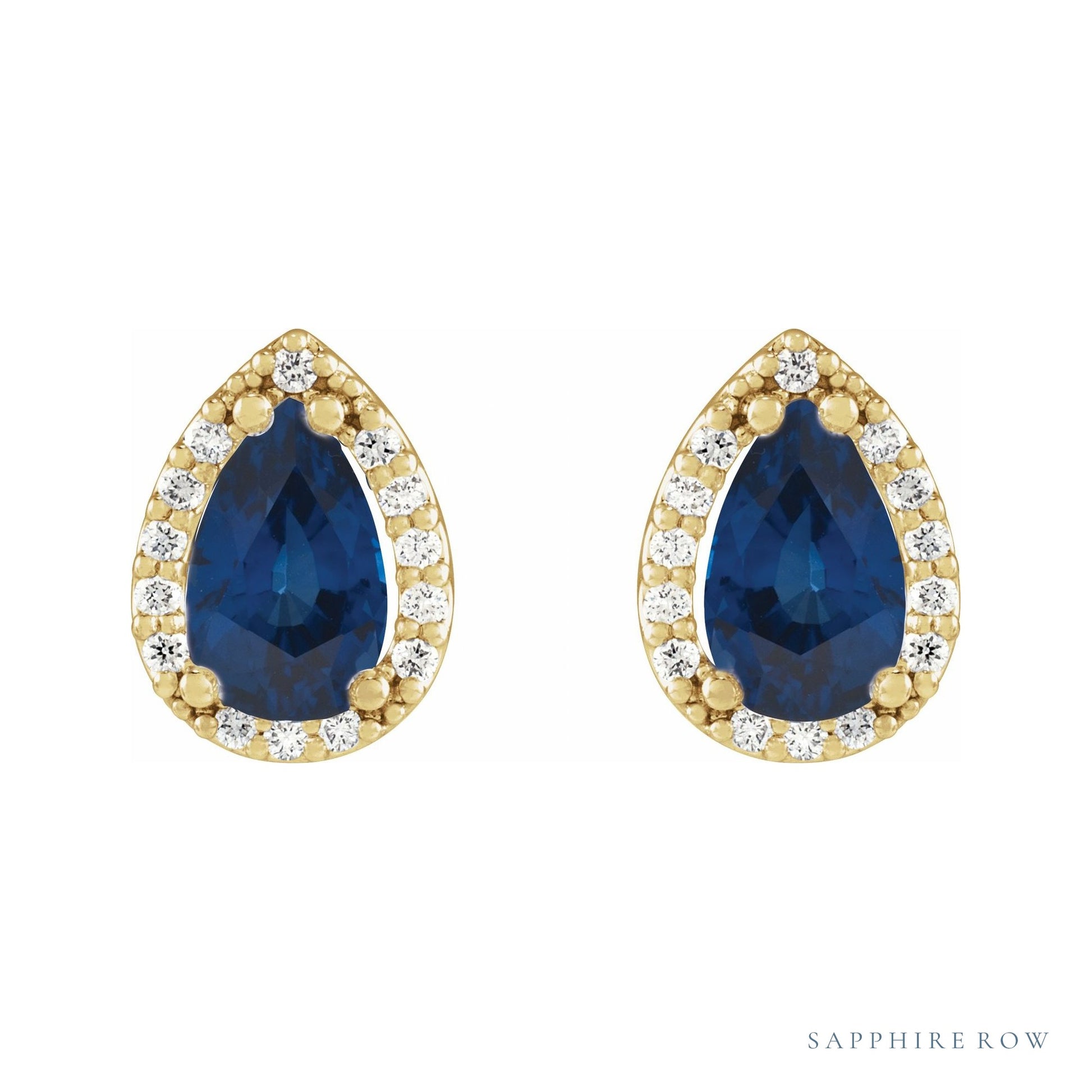 Sapphire Row Lab-Grown Gemstone Pear Halo Stud Earrings - Blue Sapphire, 14K Yellow Gold, 4 mm (view 2)