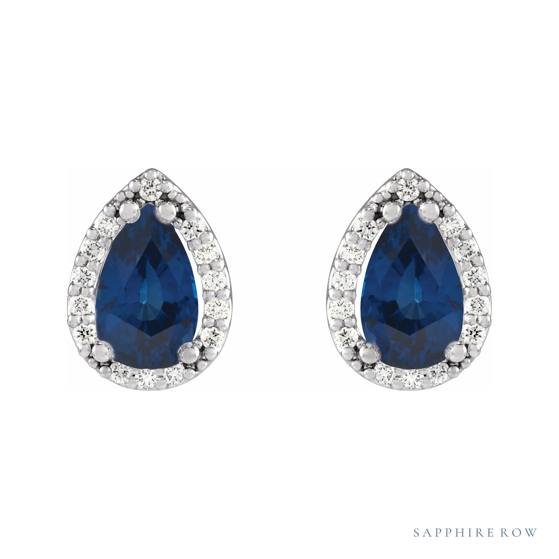 Sapphire Row Lab-Grown Gemstone Pear Halo Stud Earrings - Blue Sapphire, 14K White Gold, 4 mm (view 2)