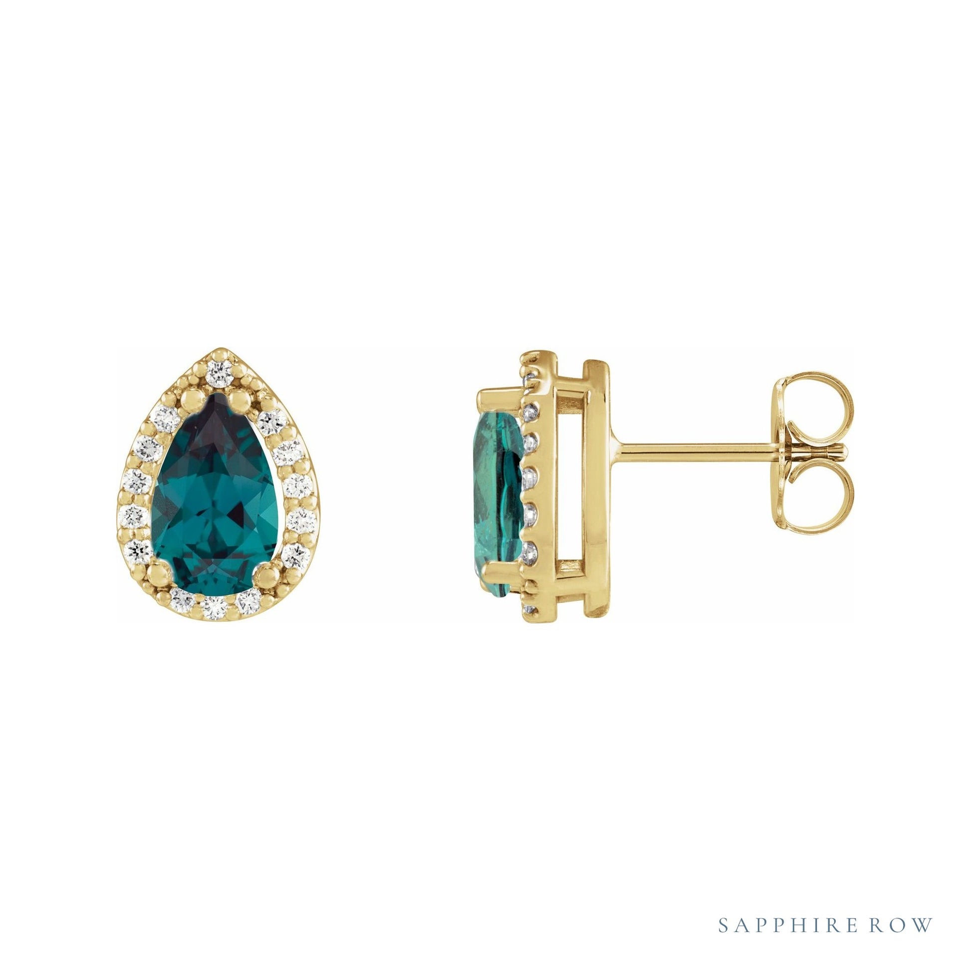 Sapphire Row Lab-Grown Gemstone Pear Halo Stud Earrings - Alexandrite, 14K Yellow Gold