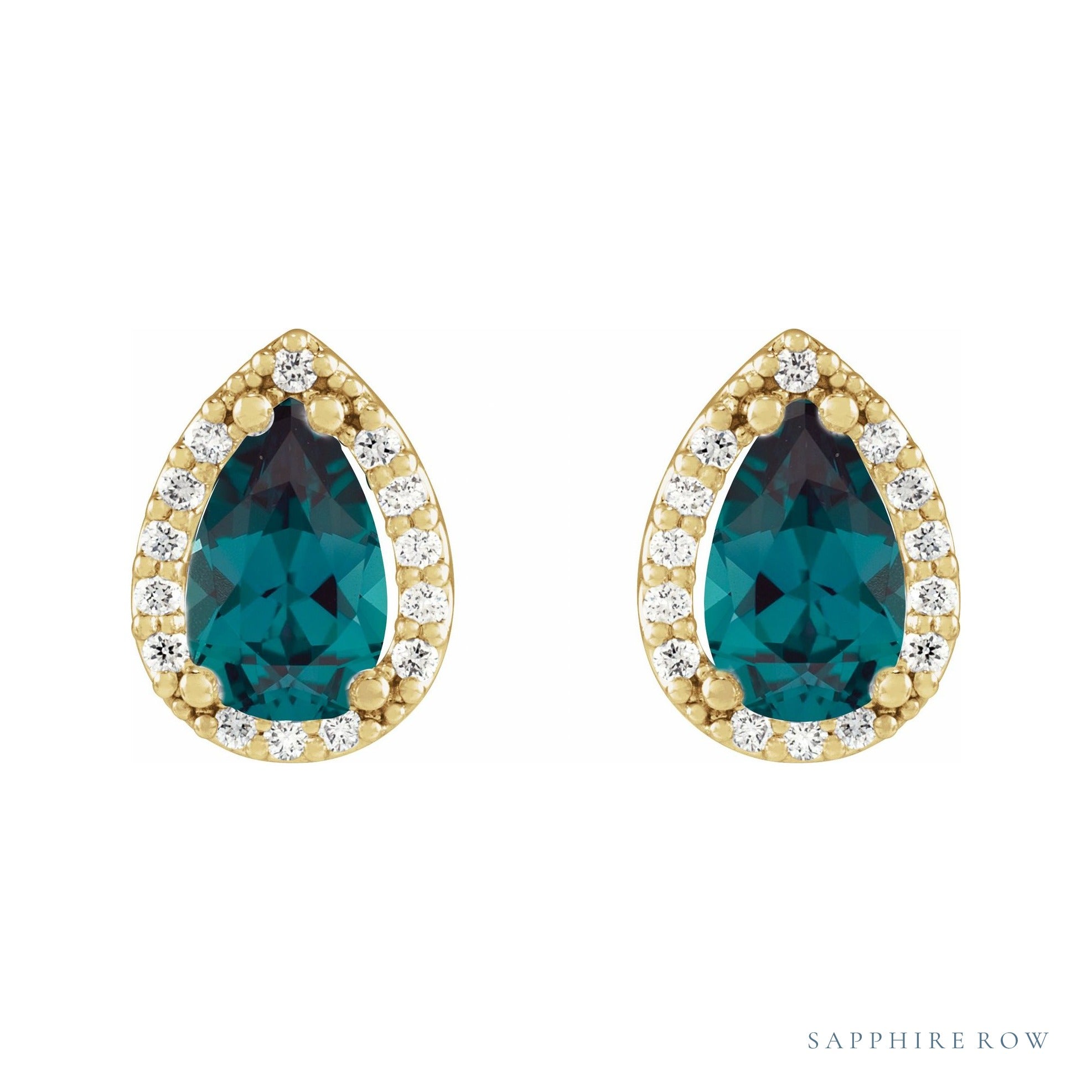 Sapphire Row Lab-Grown Gemstone Pear Halo Stud Earrings - Alexandrite, 14K Yellow Gold (view 2)