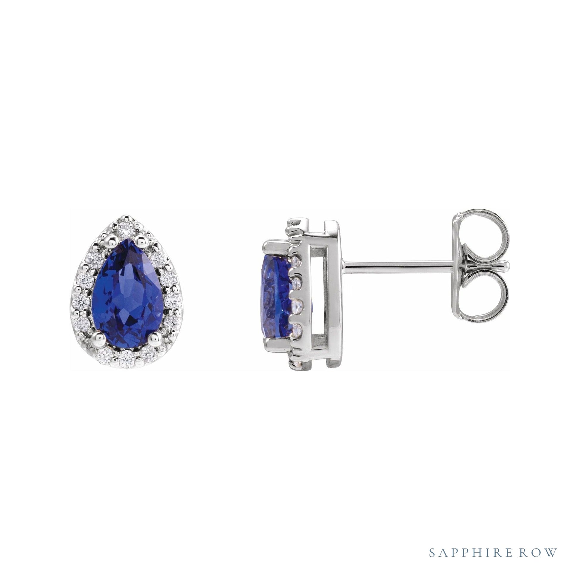 Sapphire Row Lab-Grown Gemstone Pear Halo Stud Earrings - Blue Sapphire, Platinum, 3 mm
