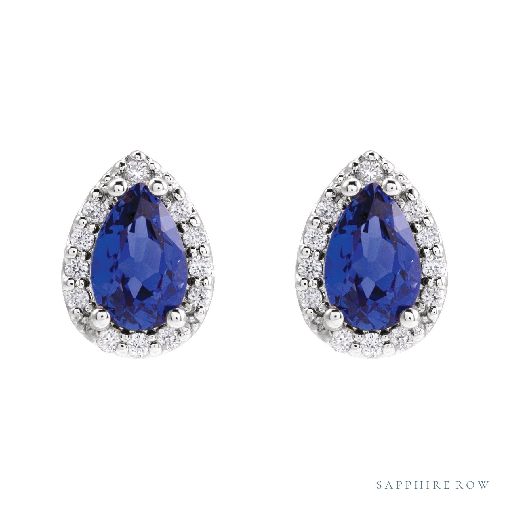 Sapphire Row Lab-Grown Gemstone Pear Halo Stud Earrings - Blue Sapphire, Platinum, 3 mm (view 2)