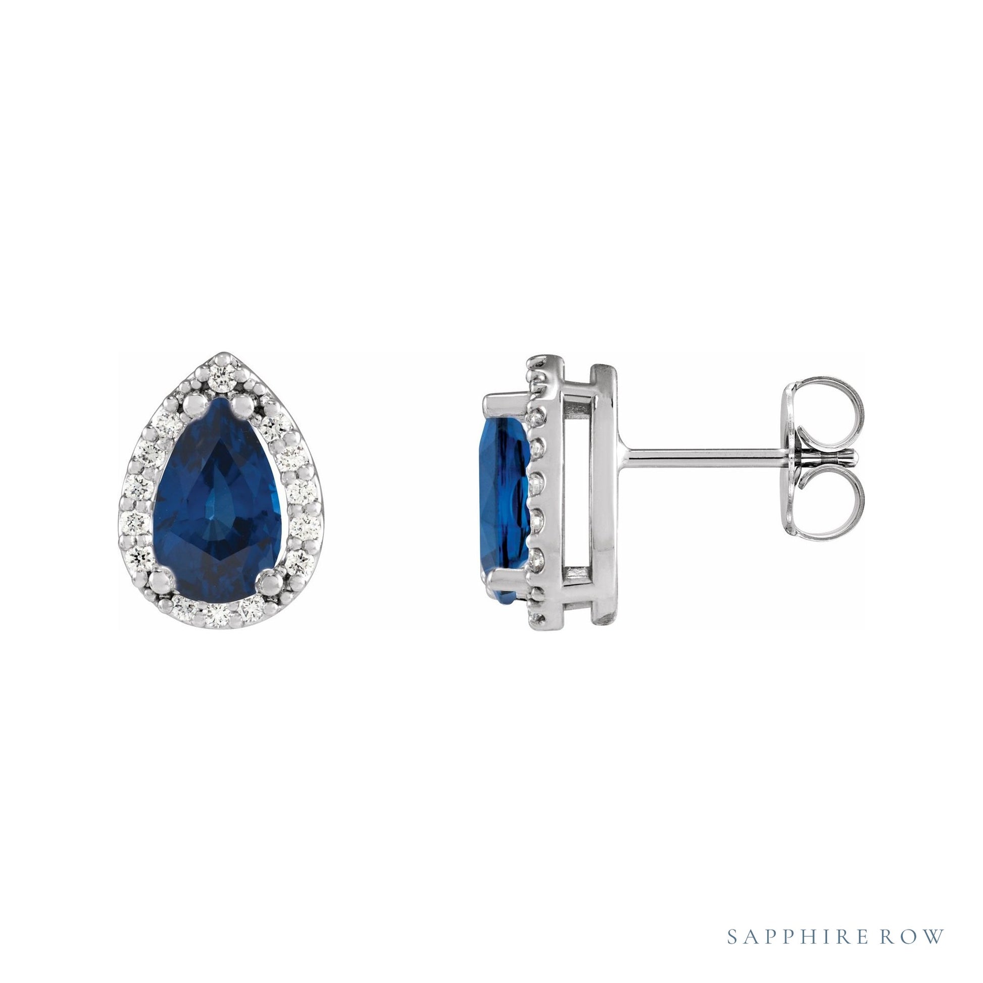 Sapphire Row Lab-Grown Gemstone Pear Halo Stud Earrings - Blue Sapphire, Platinum, 4 mm