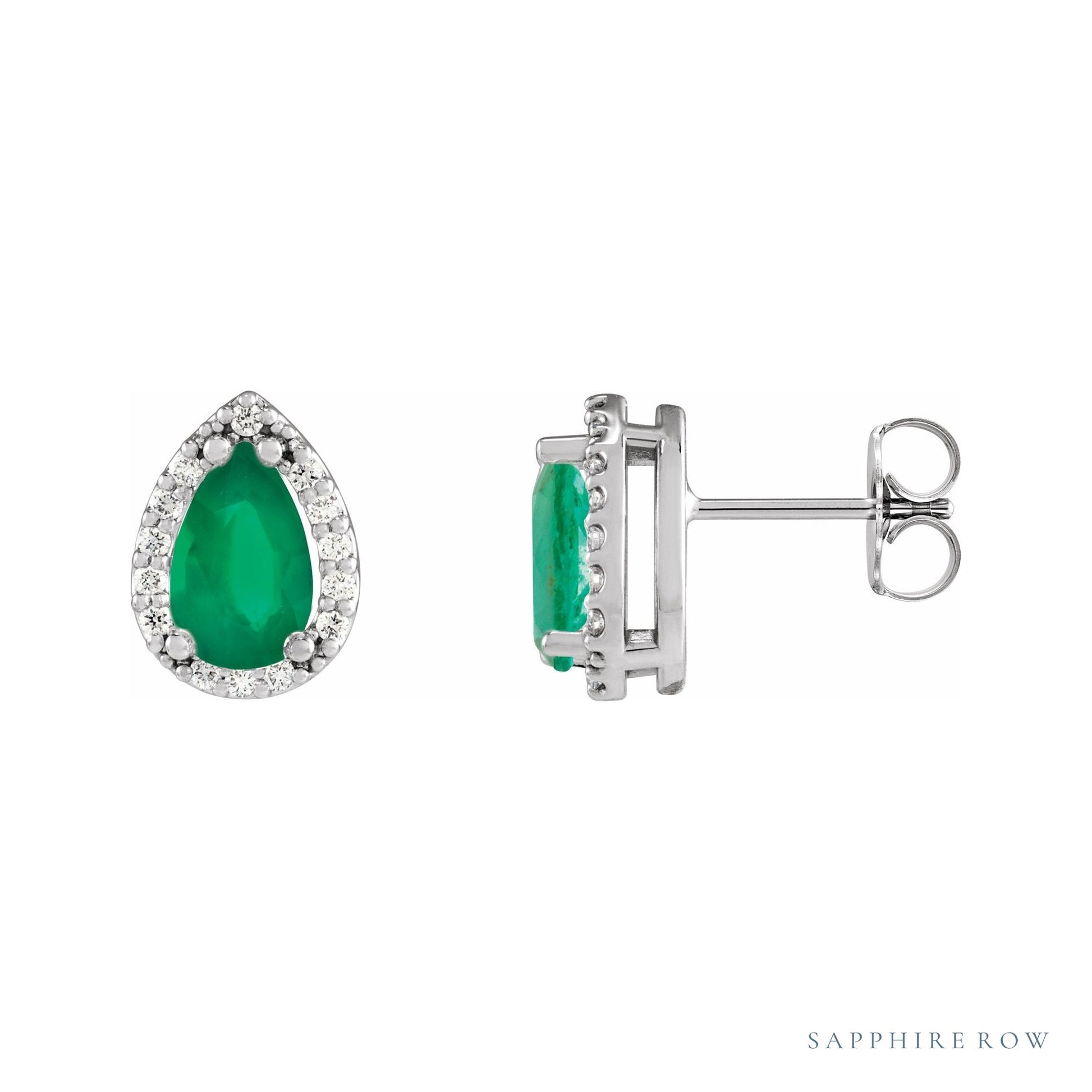 Sapphire Row Lab-Grown Gemstone Pear Halo Stud Earrings - Emerald, 14K White Gold, 4 mm