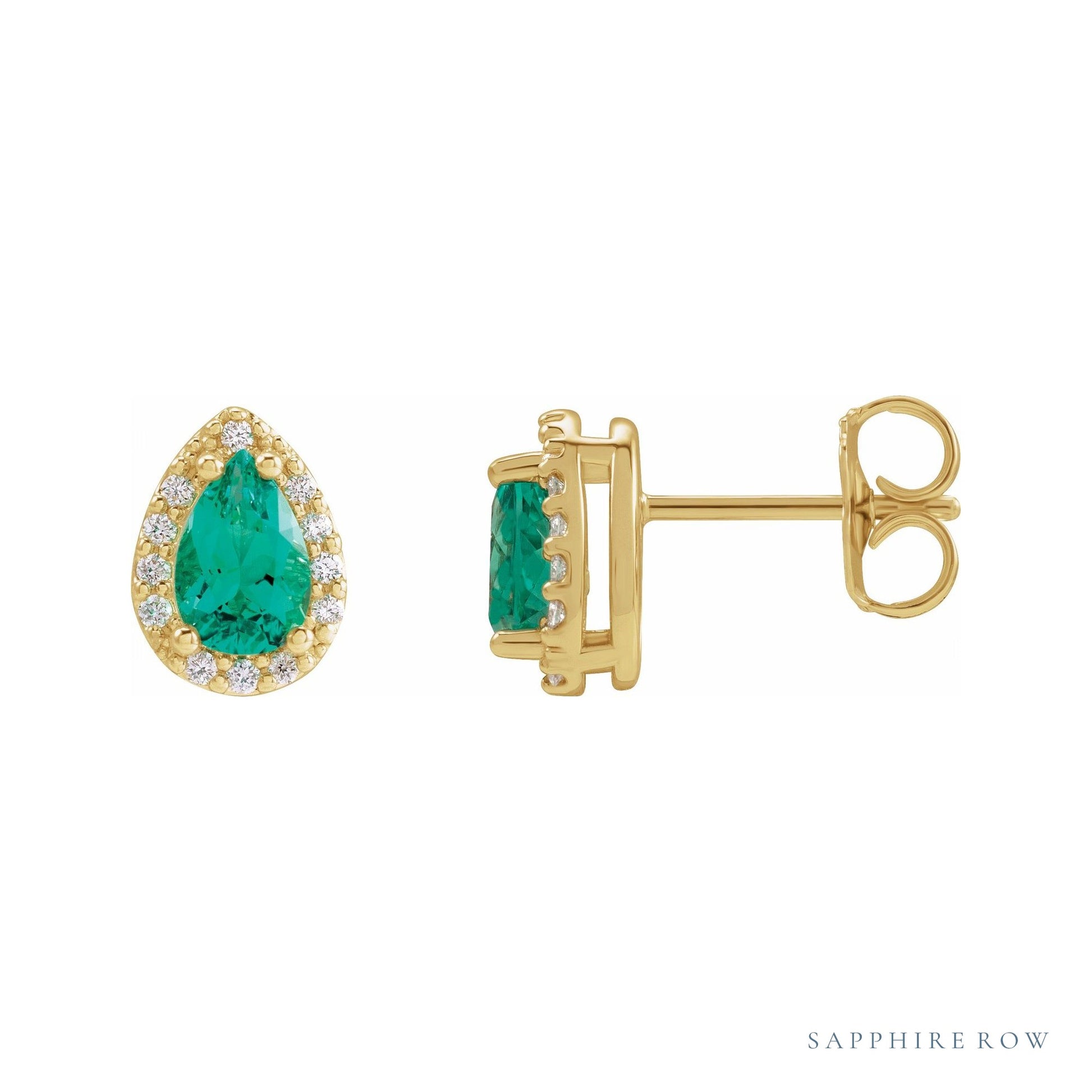 Sapphire Row Lab-Grown Gemstone Pear Halo Stud Earrings - Emerald, 14K Yellow Gold, 3 mm