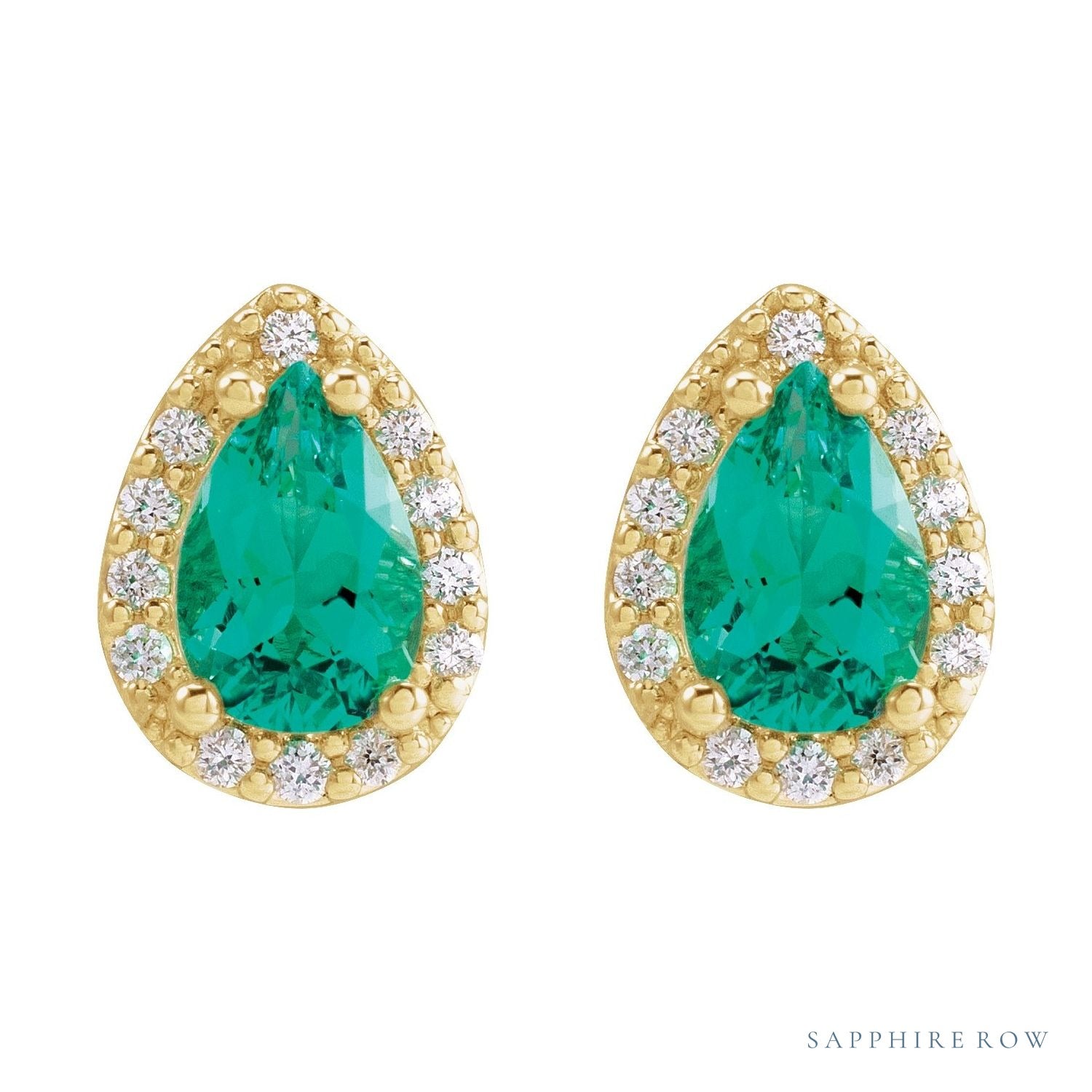 Sapphire Row Lab-Grown Gemstone Pear Halo Stud Earrings - Emerald, 14K Yellow Gold, 3 mm (view 2)