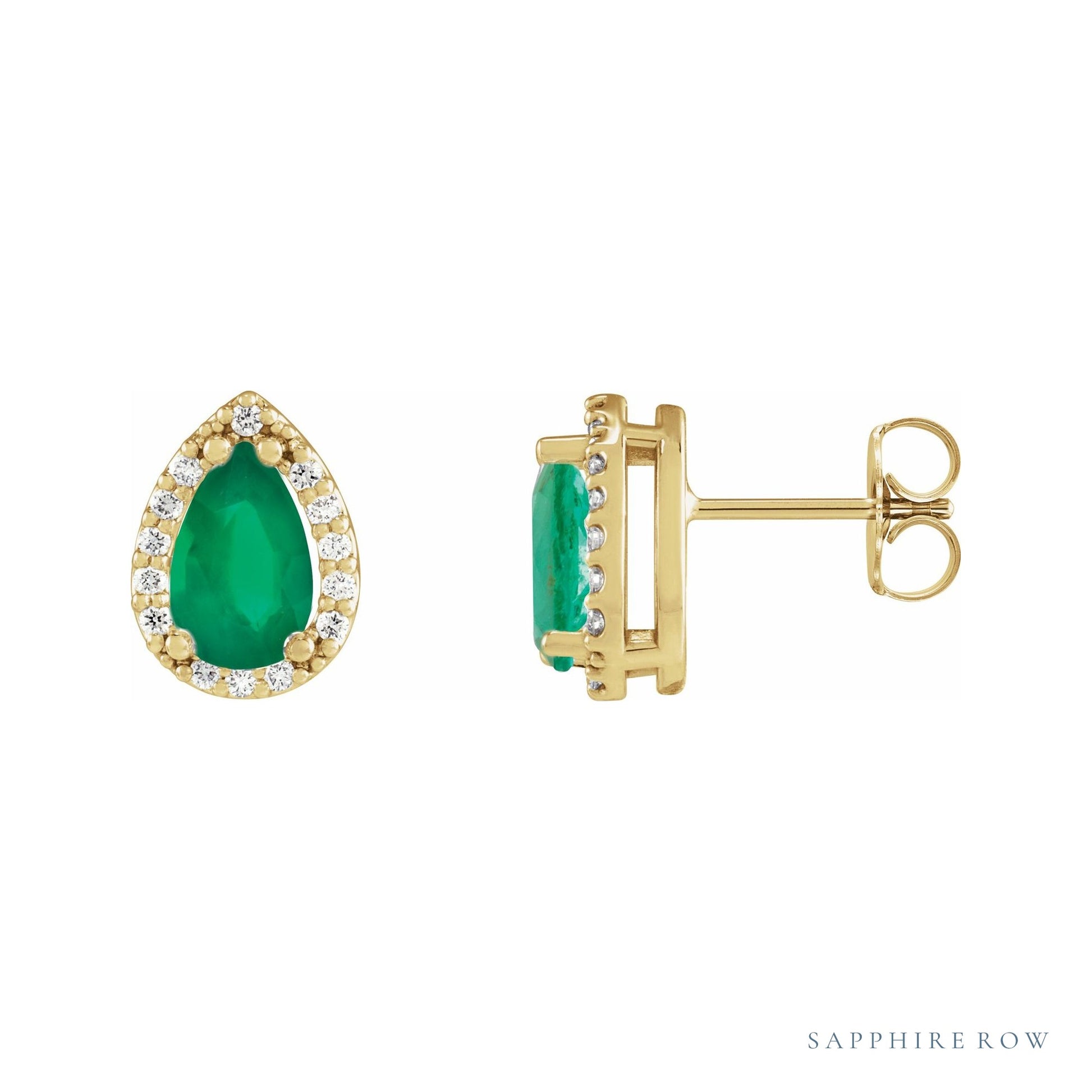 Sapphire Row Lab-Grown Gemstone Pear Halo Stud Earrings - Emerald, 14K Yellow Gold, 4 mm