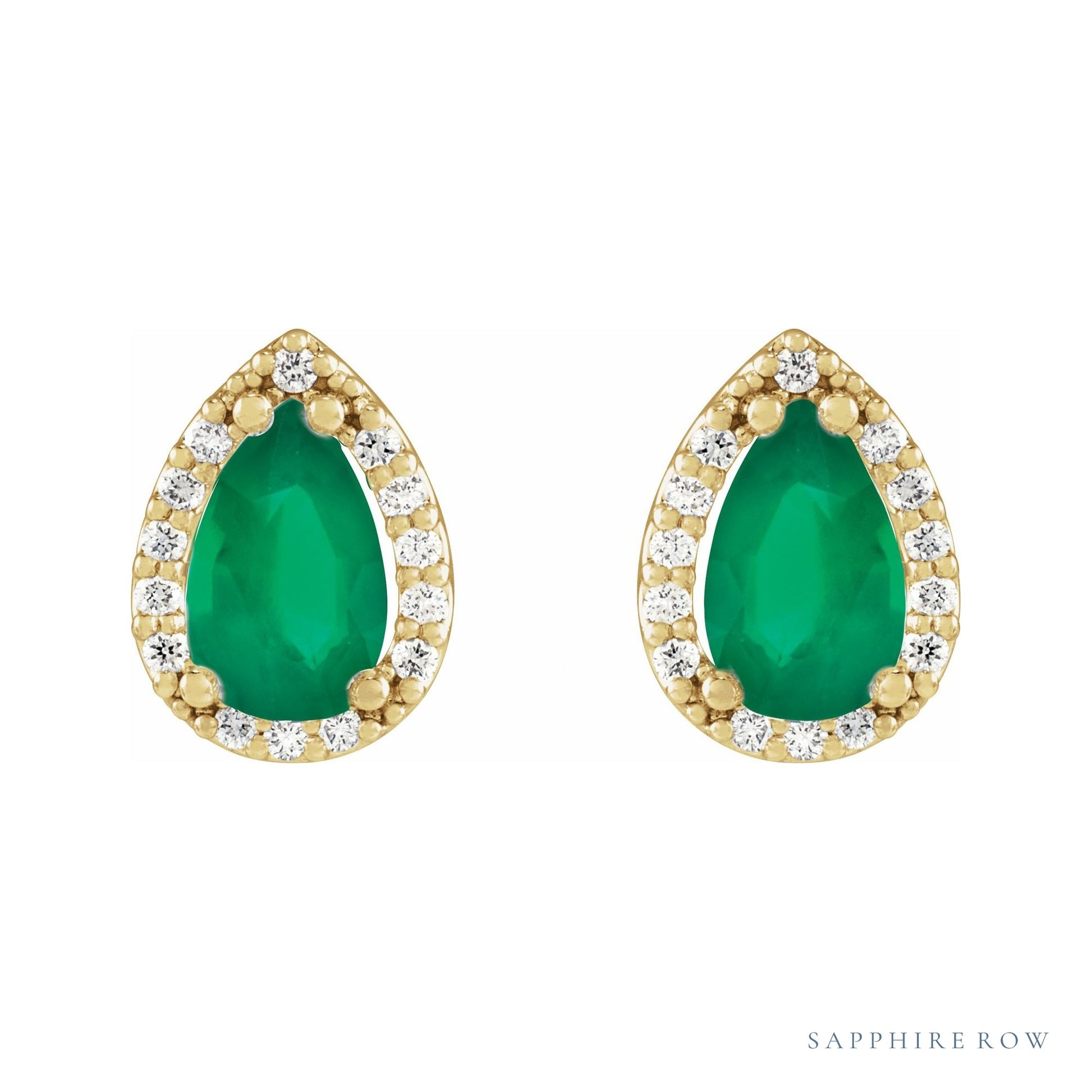 Sapphire Row Lab-Grown Gemstone Pear Halo Stud Earrings - Emerald, 14K Yellow Gold, 4 mm (view 2)