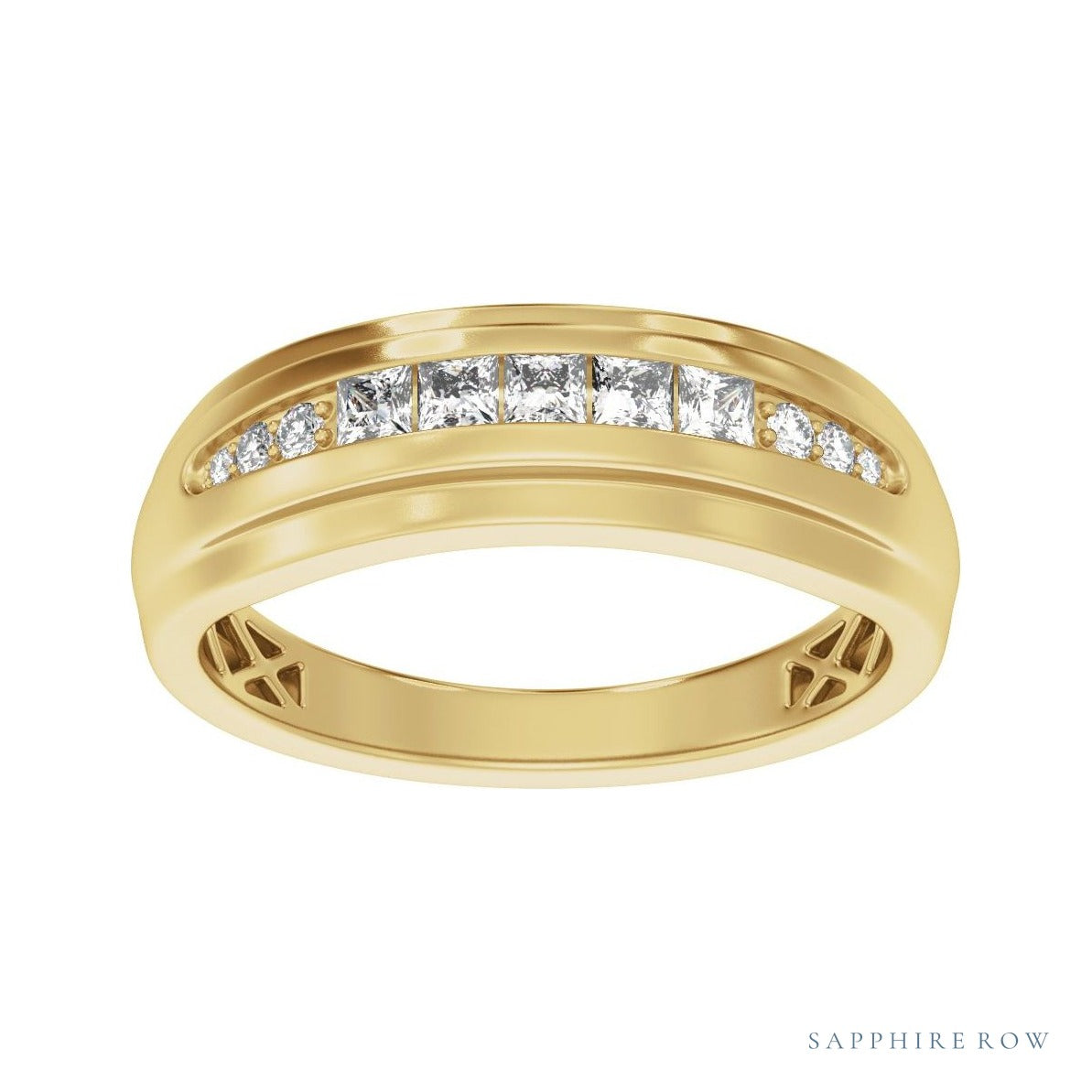 Sapphire Row Natural Diamond Channel-Set Tapered Band - 14K Yellow Gold (view 3)