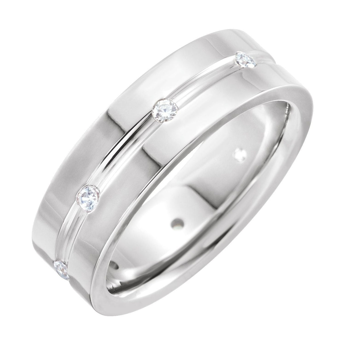 Sapphire Row Natural Diamond Grooved Detail Band - 14K White Gold, 6 mm