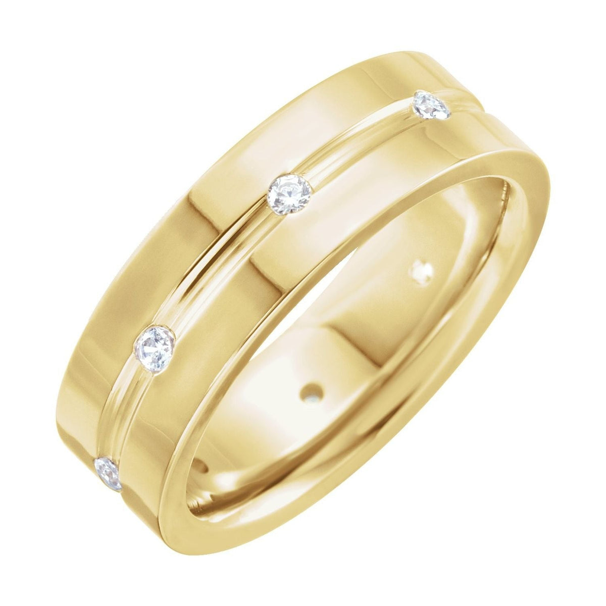 Sapphire Row Natural Diamond Grooved Detail Band - 14K Yellow Gold, 6 mm