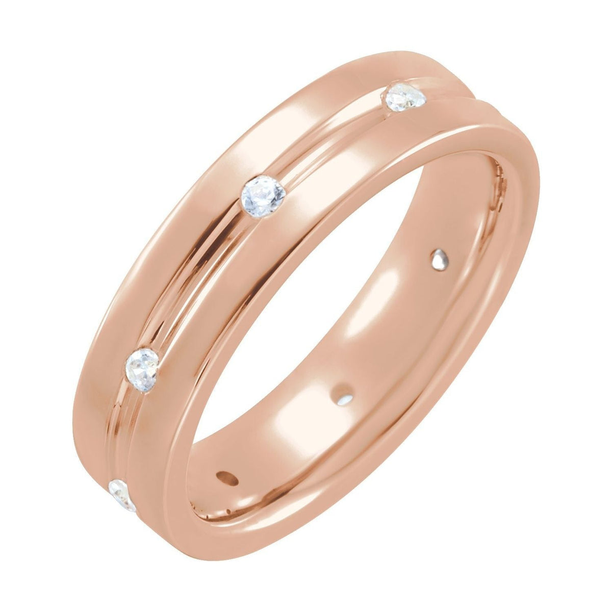 Sapphire Row Natural Diamond Grooved Detail Band - 14K Rose Gold, 5 mm