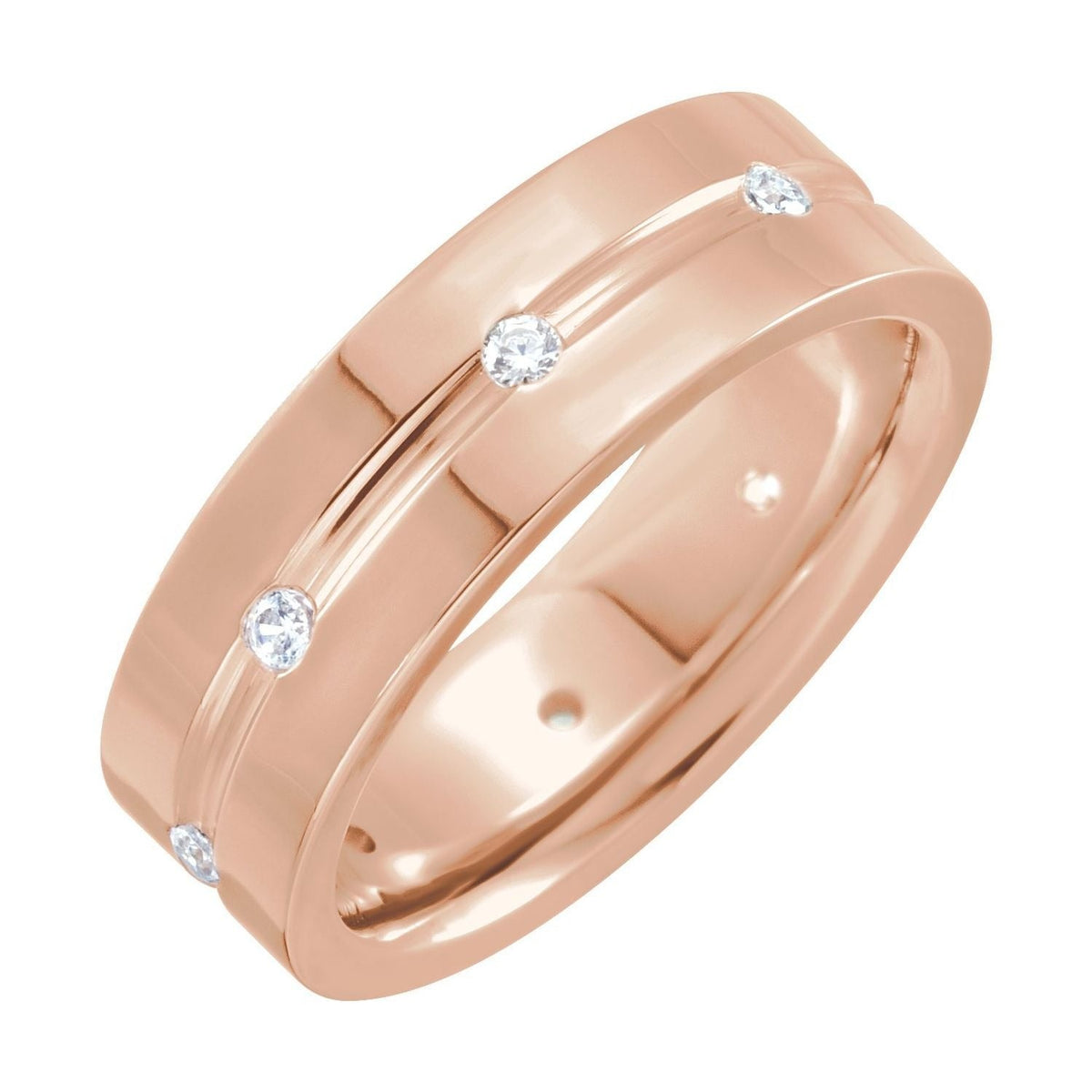 Sapphire Row Natural Diamond Grooved Detail Band - 14K Rose Gold, 6 mm