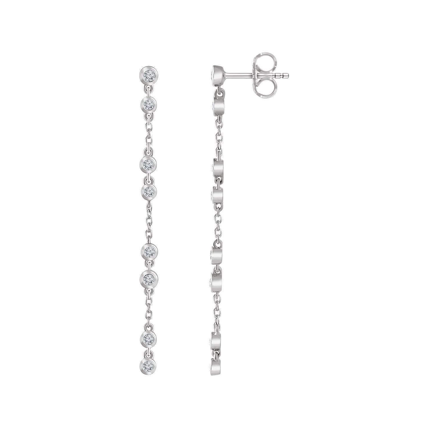 Sapphire Row Natural Diamond Station Chain Drop Earrings - 14K White Gold