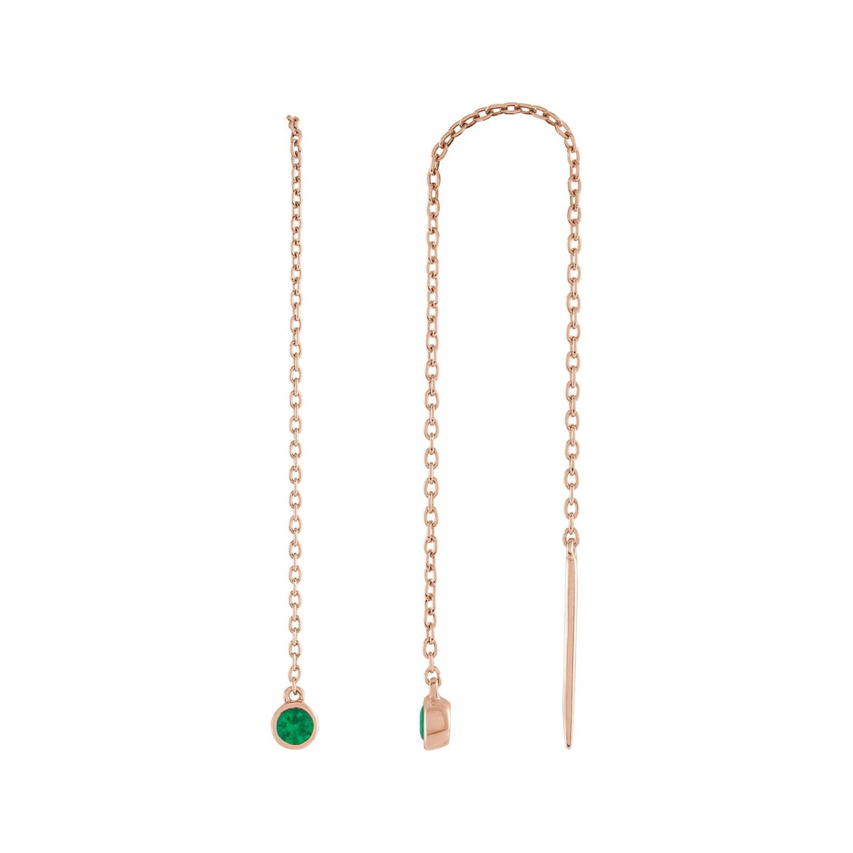 Sapphire Row Natural Gemstone Bezel Threader Earrings - Emerald, 14K Rose Gold