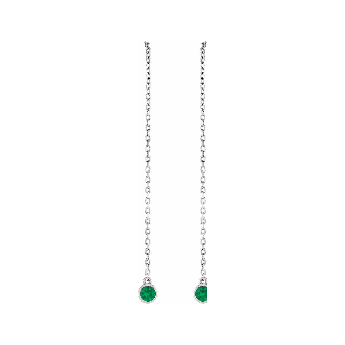 Sapphire Row Natural Gemstone Bezel Threader Earrings - Emerald, 14K White Gold (view 2)