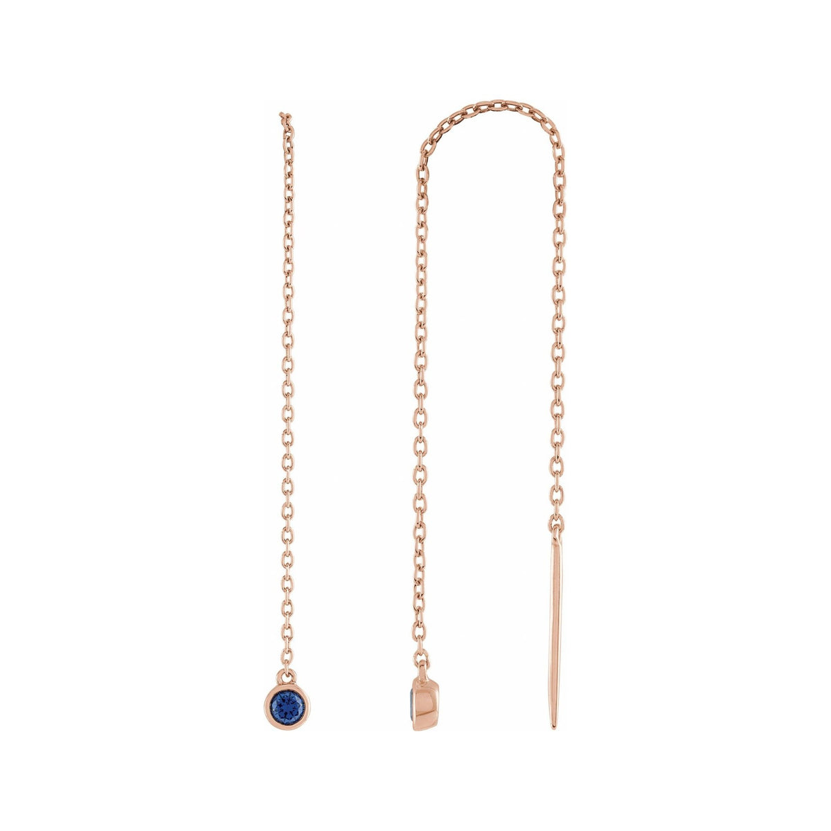 Sapphire Row Natural Gemstone Bezel Threader Earrings - Blue Sapphire, 14K Rose Gold
