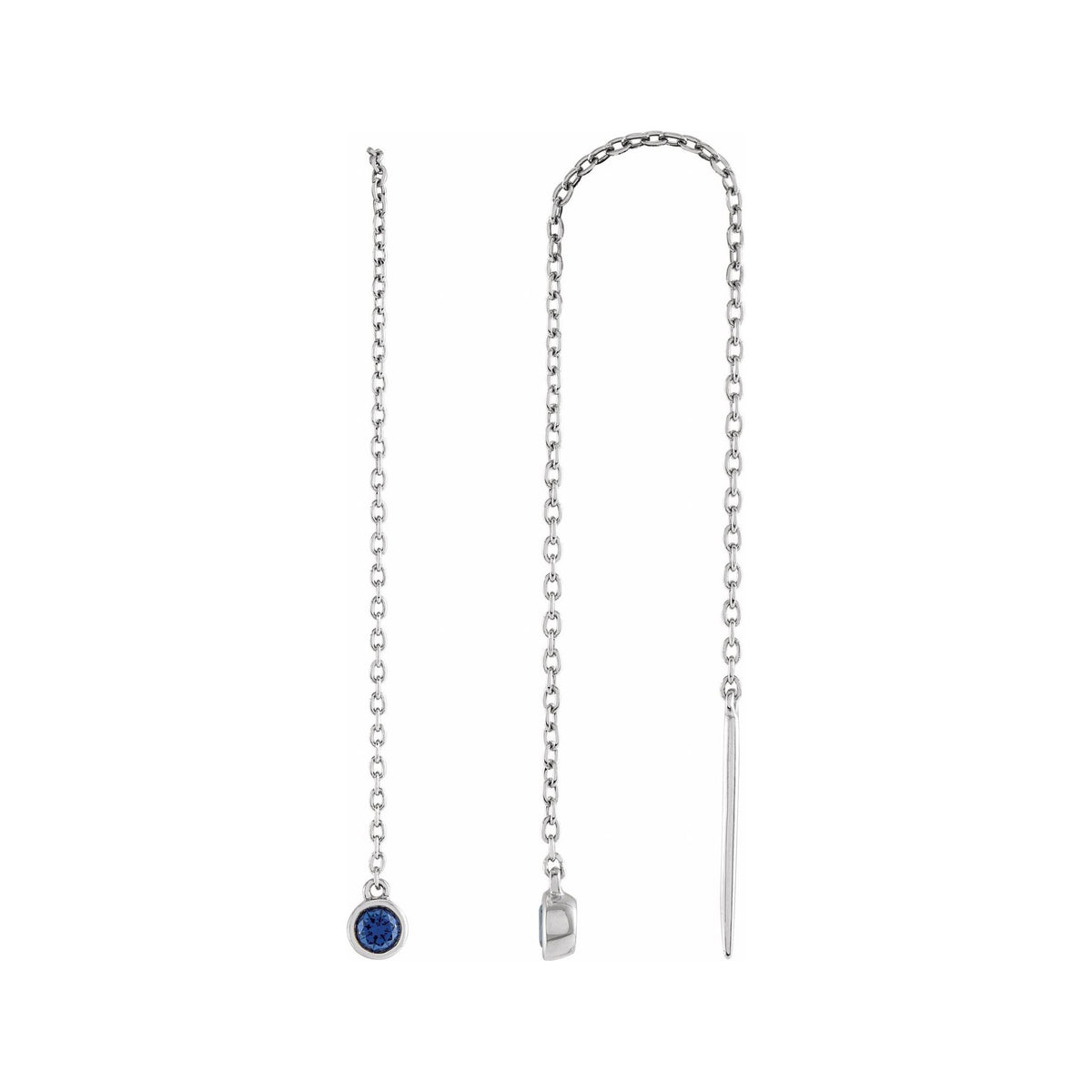 Sapphire Row Natural Gemstone Bezel Threader Earrings - Blue Sapphire, 14K White Gold