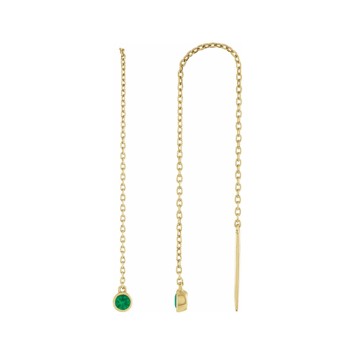 Sapphire Row Natural Gemstone Bezel Threader Earrings - Emerald, 14K Yellow Gold